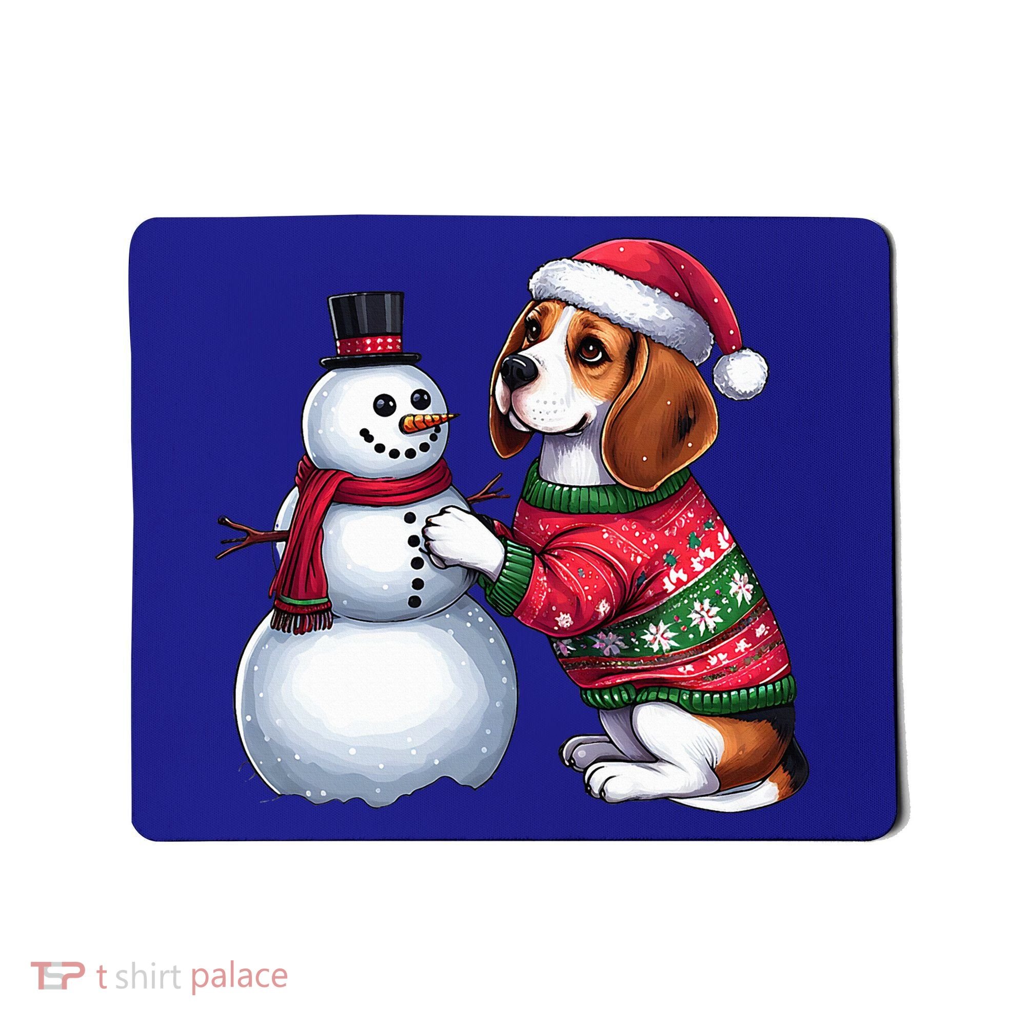Ugly Christmas Sweater Beagle beside a Snowman  Mousepad