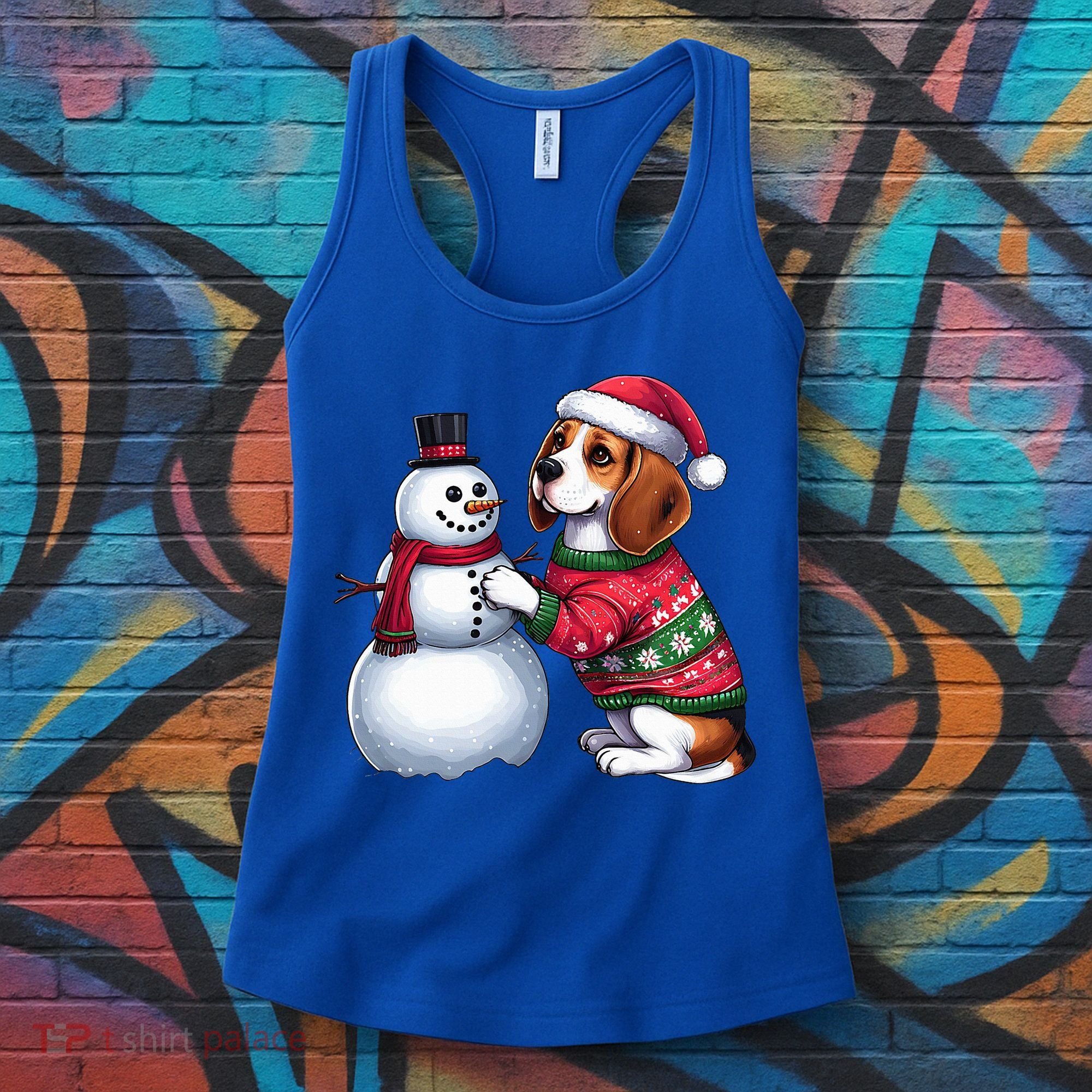 Ugly Christmas Sweater Beagle beside a Snowman  Women's Tank Top
