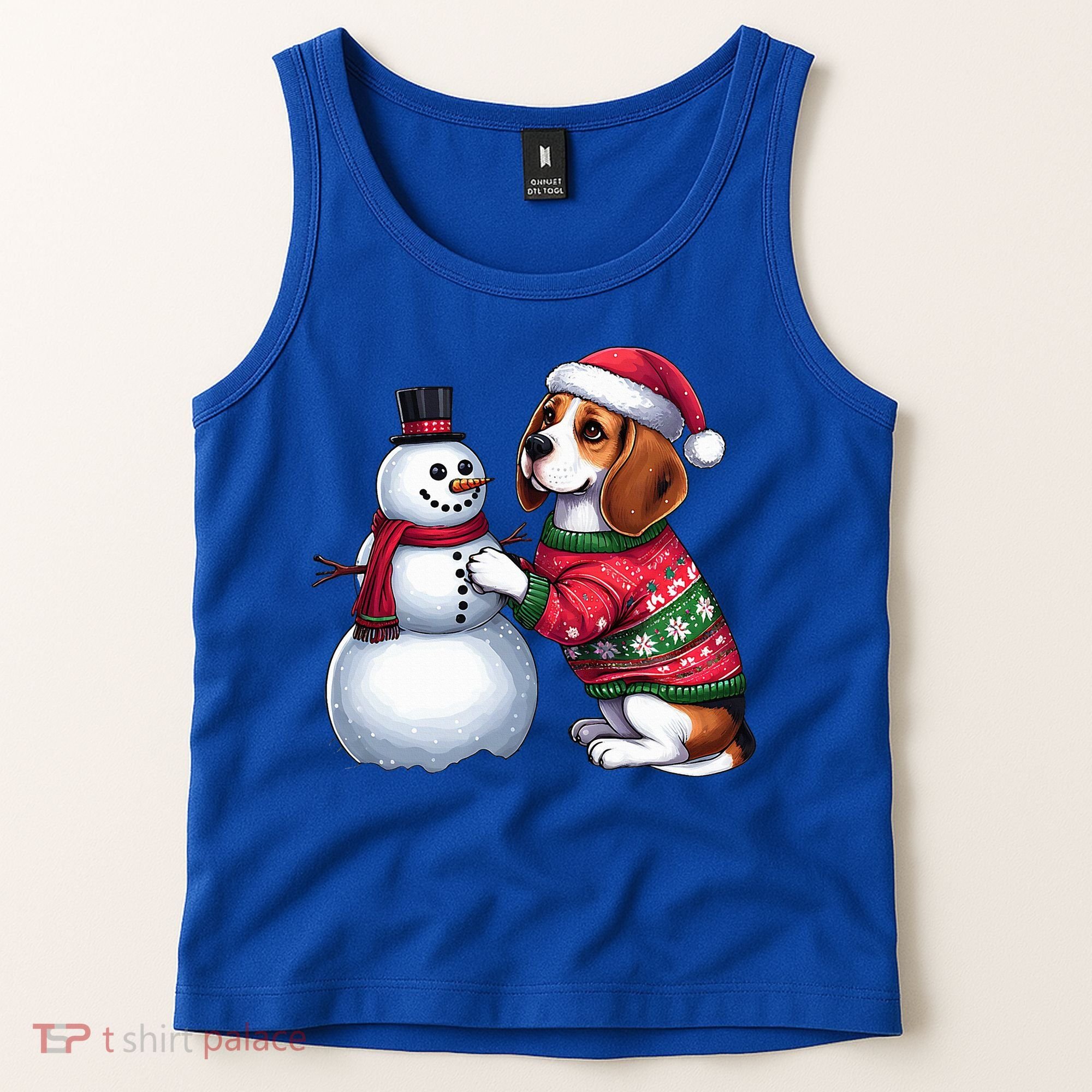 Ugly Christmas Sweater Beagle beside a Snowman  Tank Top