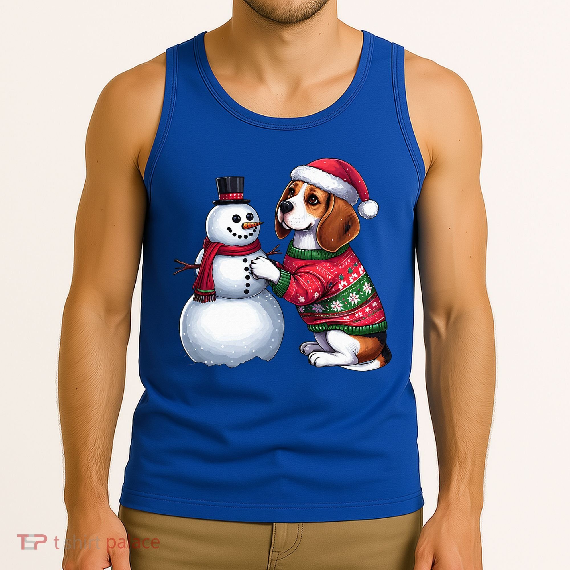 Ugly Christmas Sweater Beagle beside a Snowman  Tank Top