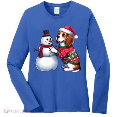 Ugly Christmas Sweater Beagle beside a Snowman  Women's Long Sleeve Shirt