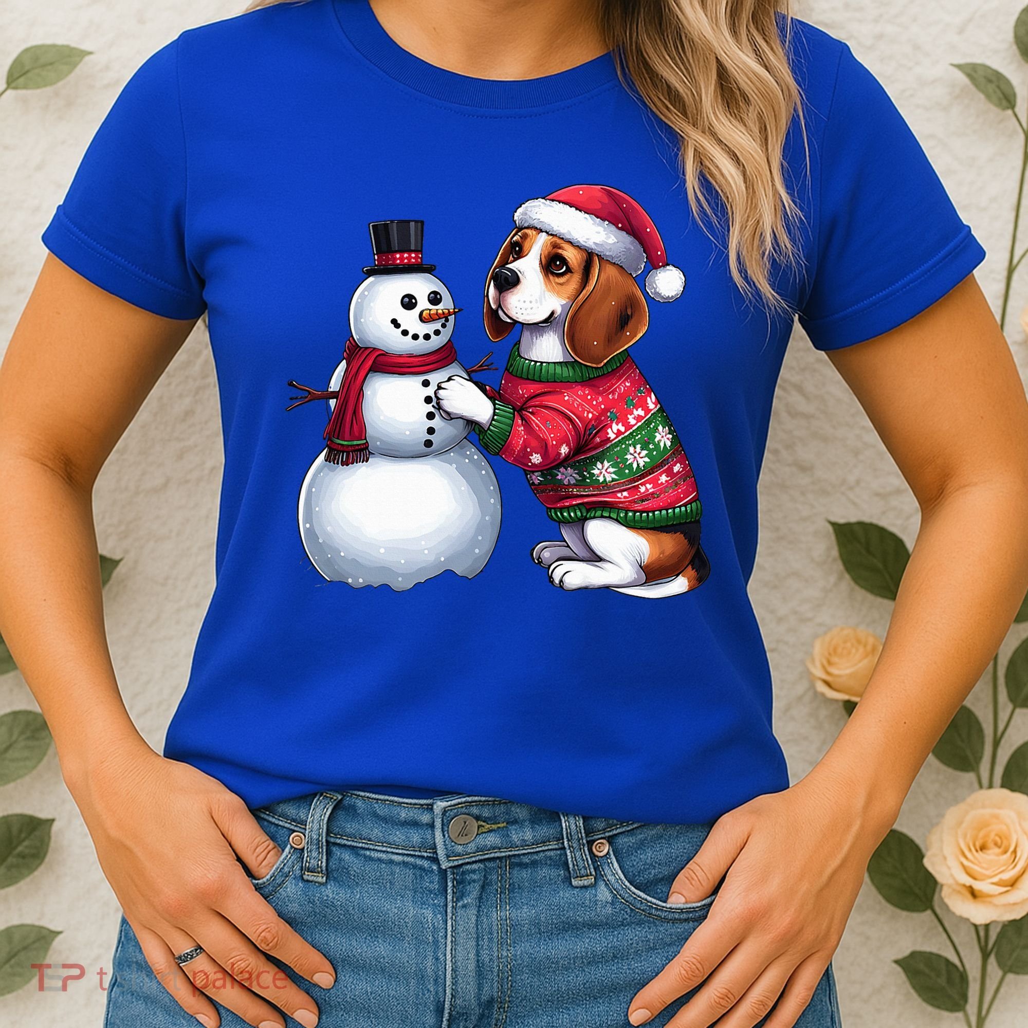 Ugly Christmas Sweater Beagle beside a Snowman  Women's T-Shirt