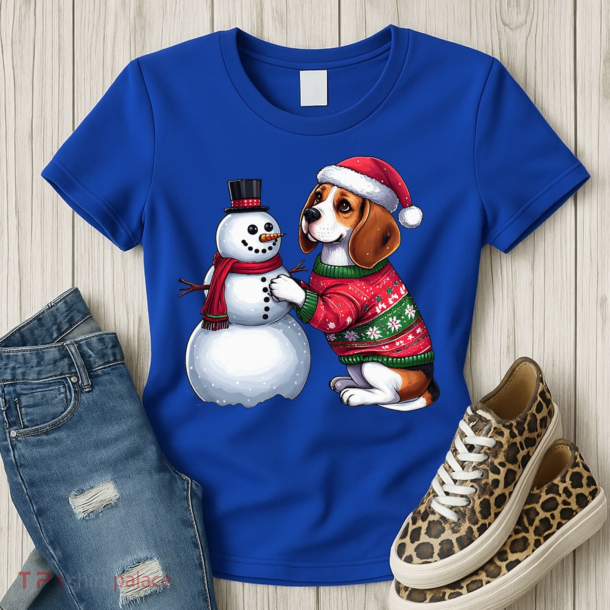 Ugly Christmas Sweater Beagle beside a Snowman  Women's T-Shirt