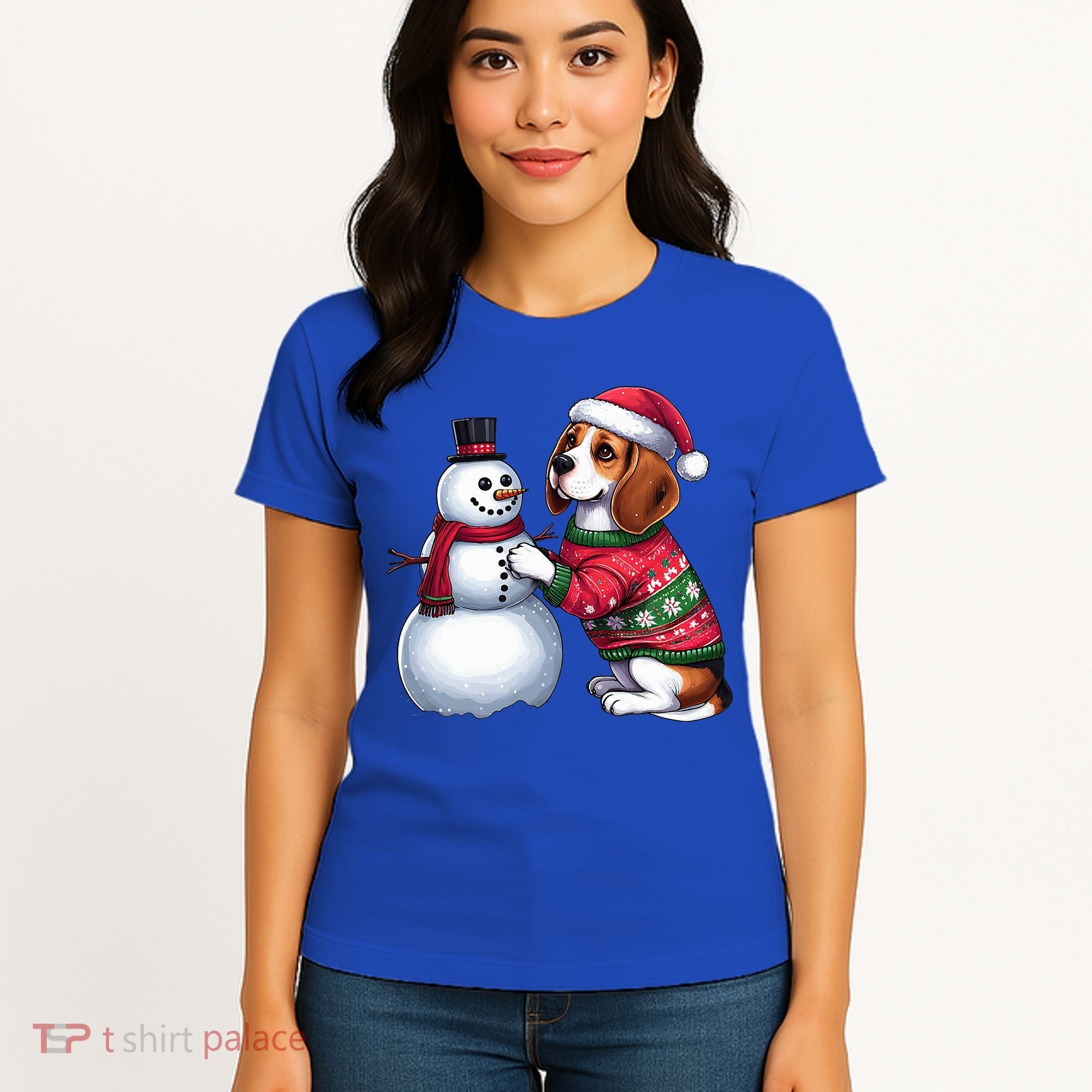 Ugly Christmas Sweater Beagle beside a Snowman  Women's T-Shirt