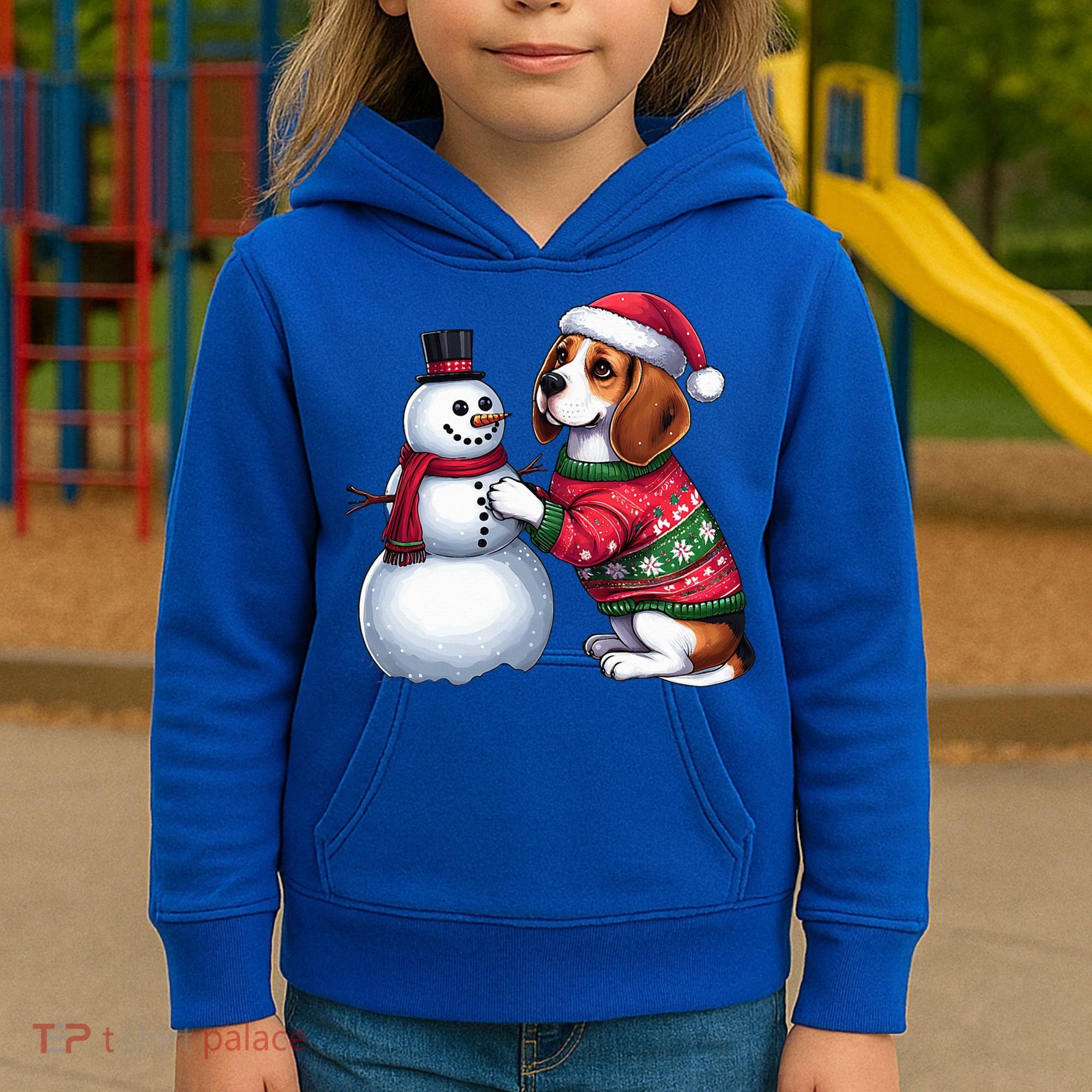 Ugly Christmas Sweater Beagle beside a Snowman  Kids Hoodie