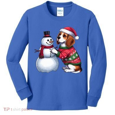 Ugly Christmas Sweater Beagle beside a Snowman  Kids Long Sleeve Shirt