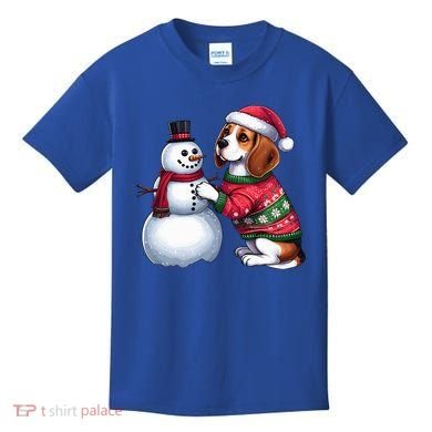 Ugly Christmas Sweater Beagle beside a Snowman  Kids T-Shirt