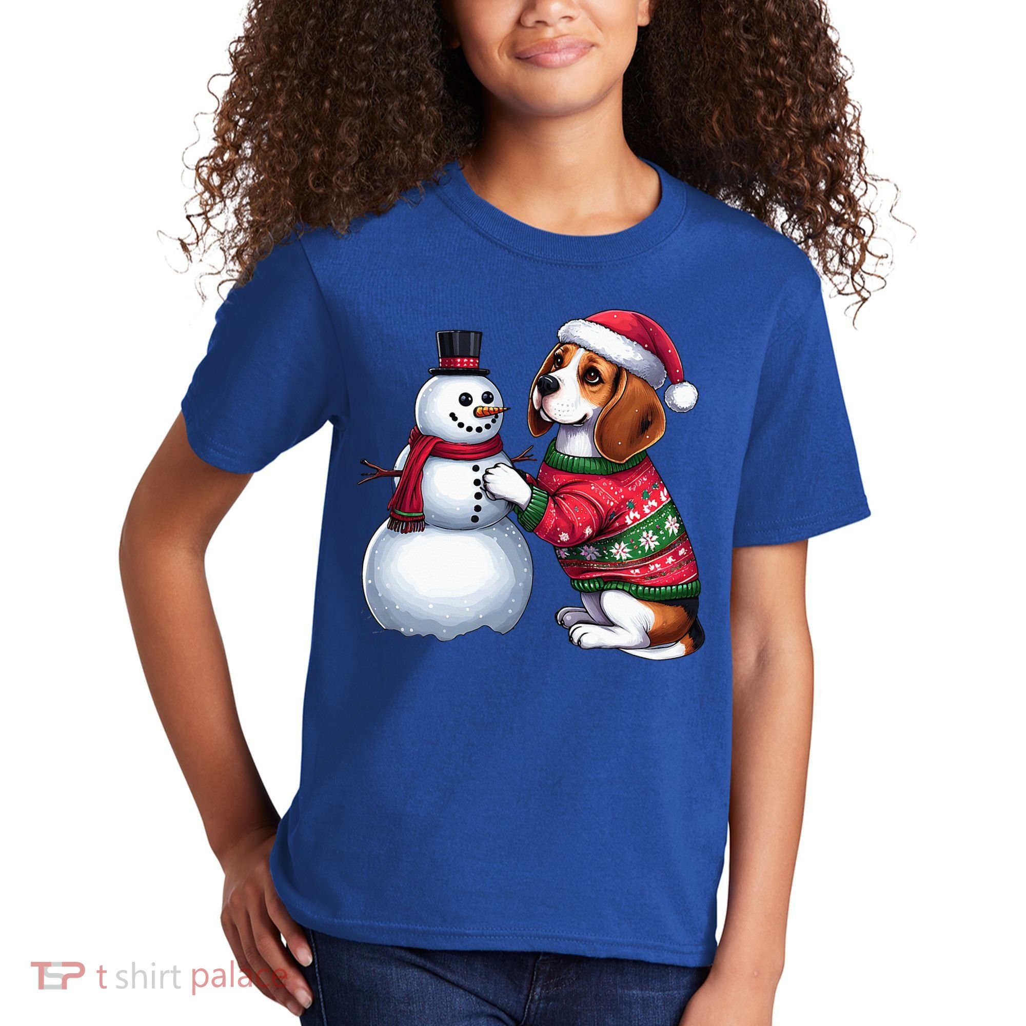 Ugly Christmas Sweater Beagle beside a Snowman  Kids T-Shirt