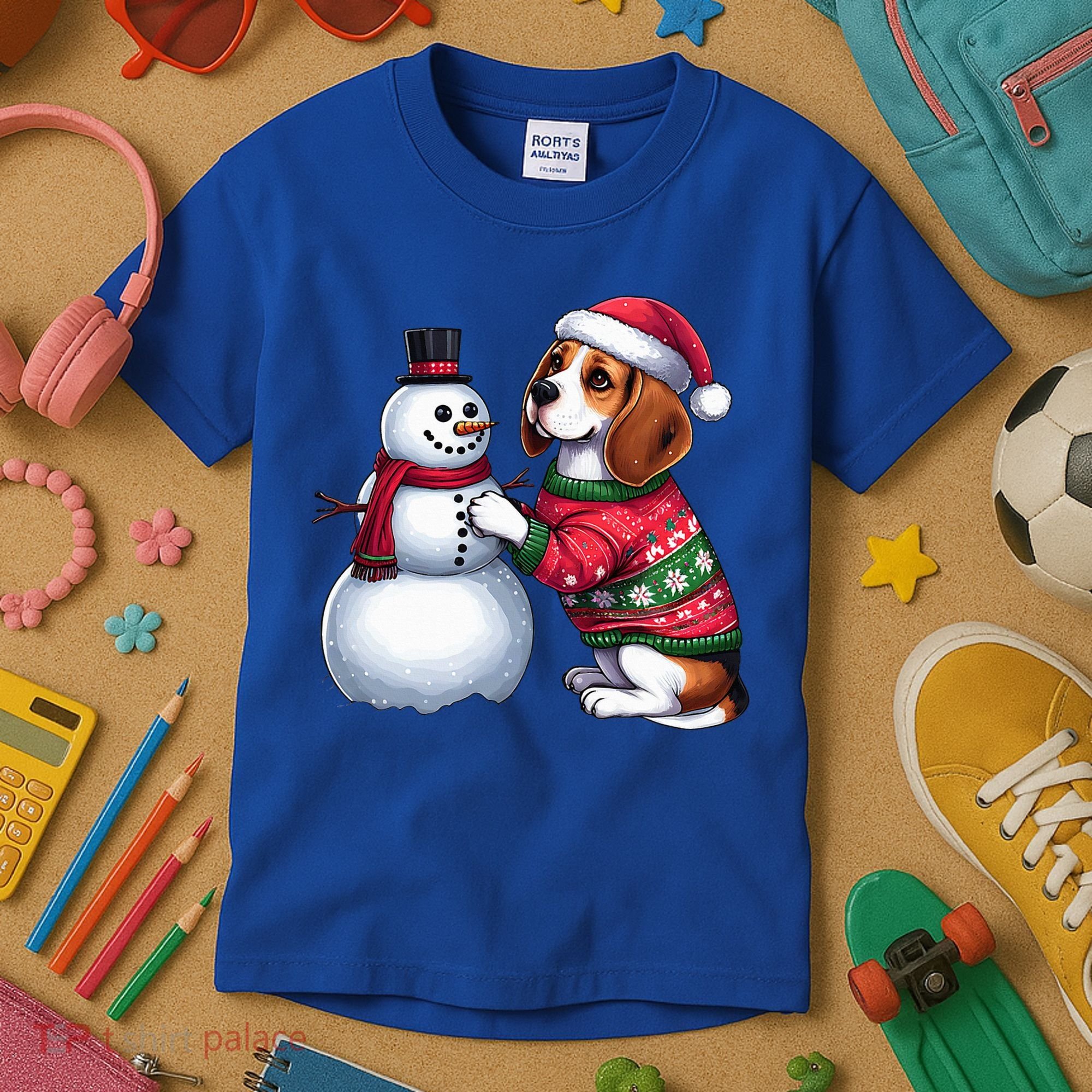 Ugly Christmas Sweater Beagle beside a Snowman  Kids T-Shirt