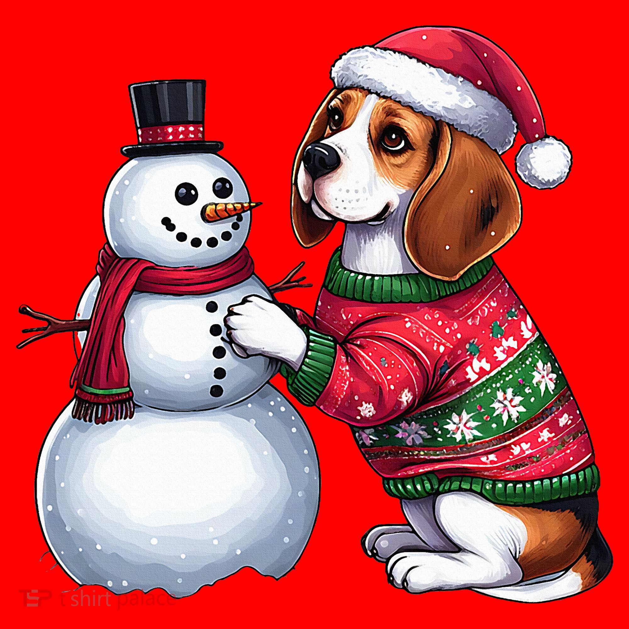 Ugly Christmas Sweater Beagle beside a Snowman  Santa Hat