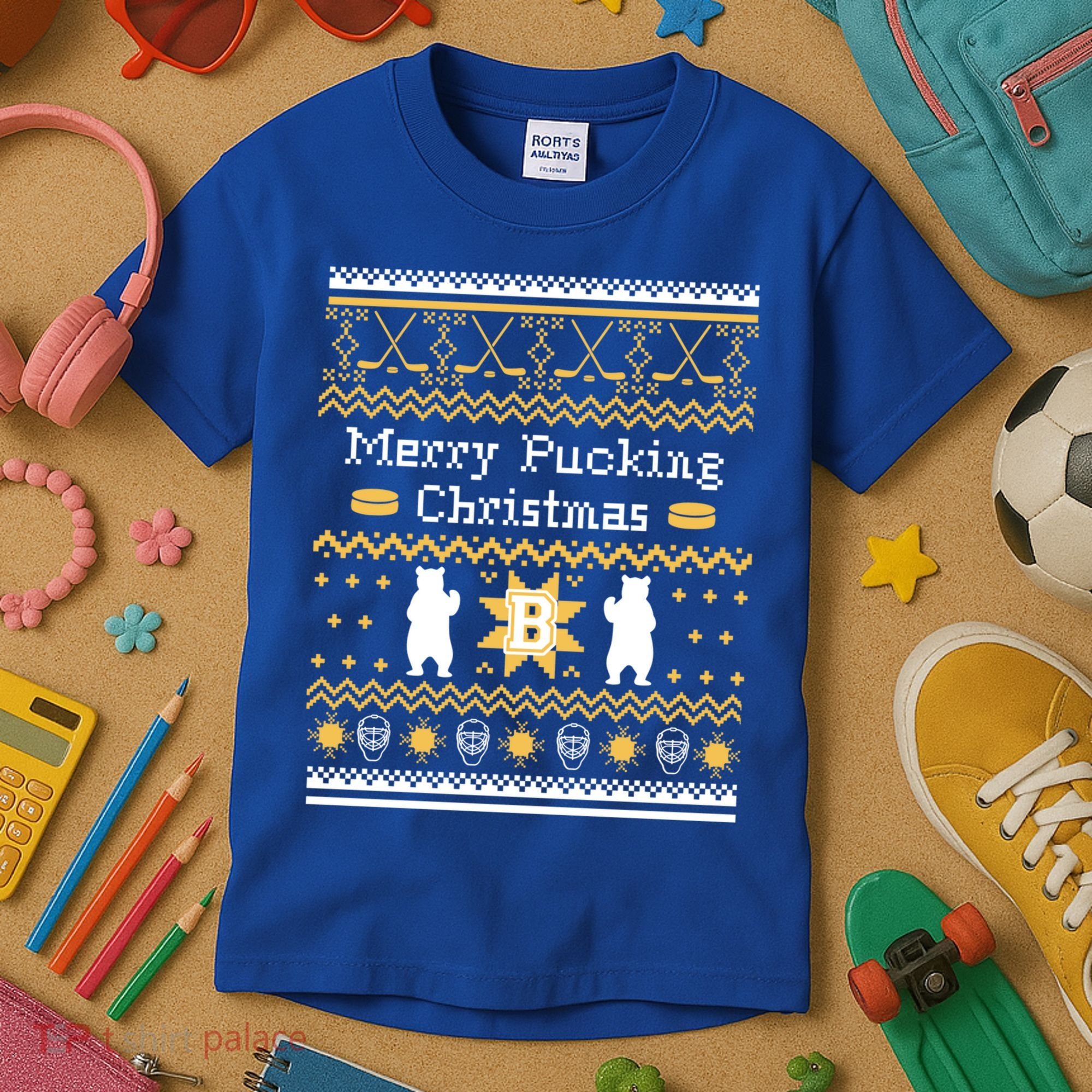 Ugly Christmas Sweater Hockey Boston Gift Kids T-Shirt