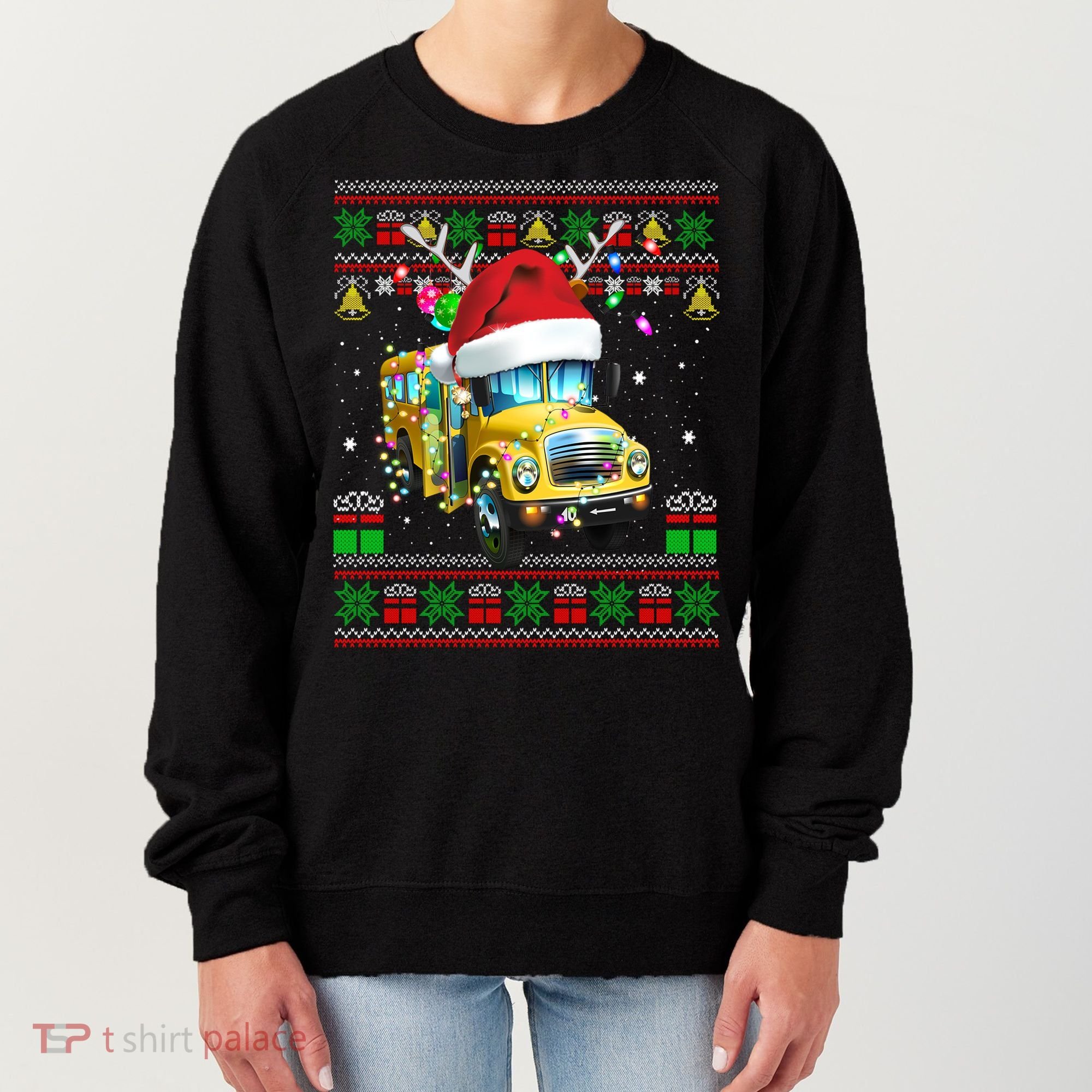 Ugly Christmas Sweater School Bus Driver Reindeer Santa Hat Women's Sweatshirt
