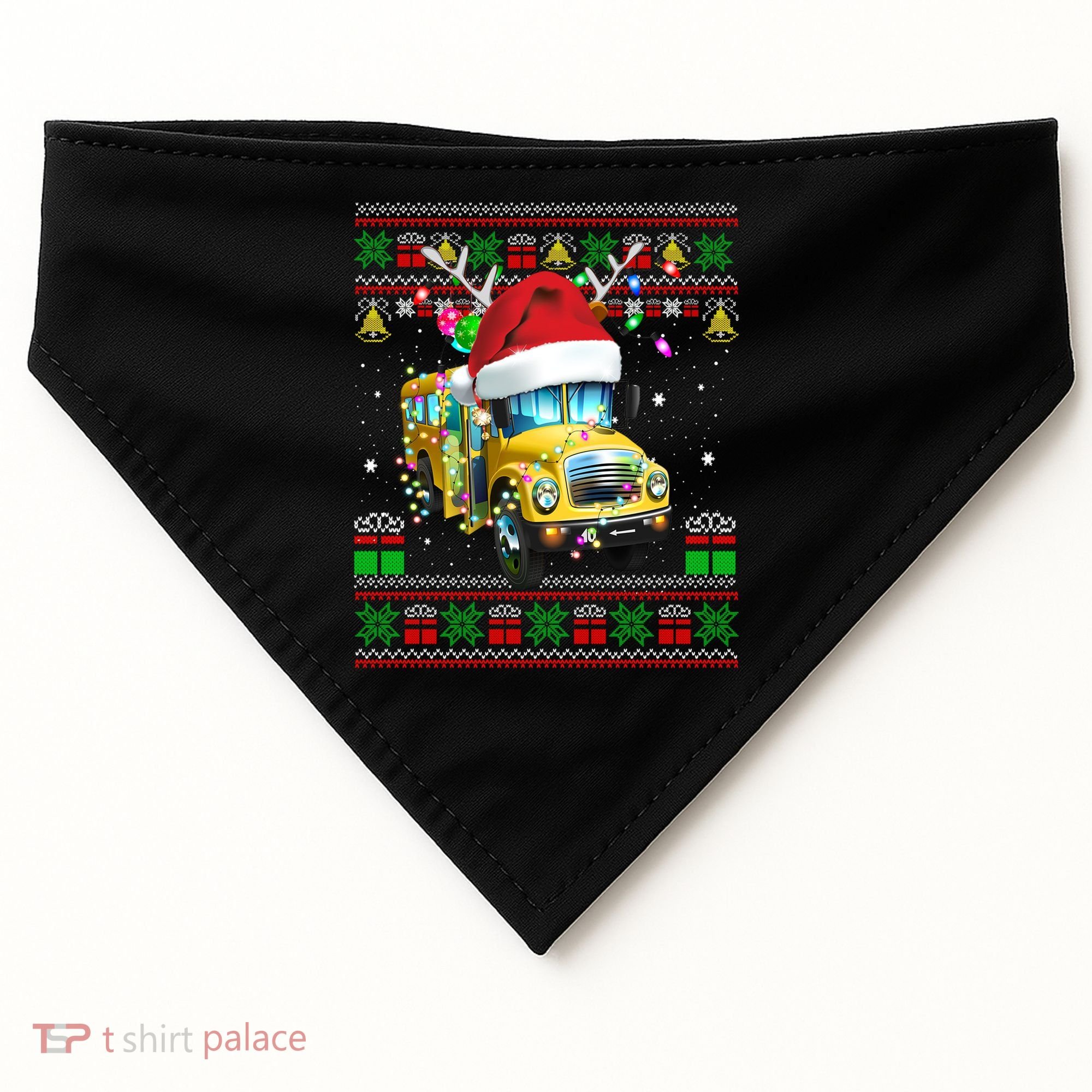 Ugly Christmas Sweater School Bus Driver Reindeer Santa Hat USA-Made Doggie Bandana