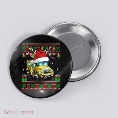 Ugly Christmas Sweater School Bus Driver Reindeer Santa Hat Button