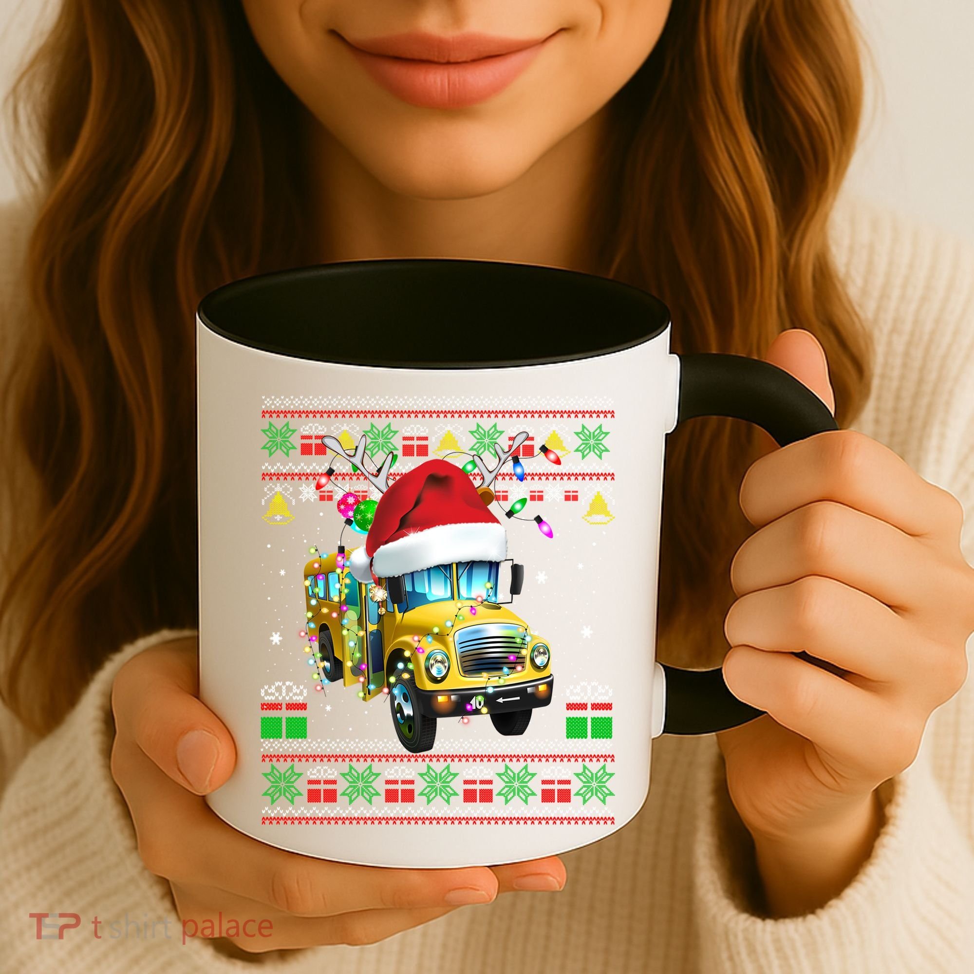 Ugly Christmas Sweater School Bus Driver Reindeer Santa Hat Coffee Mug