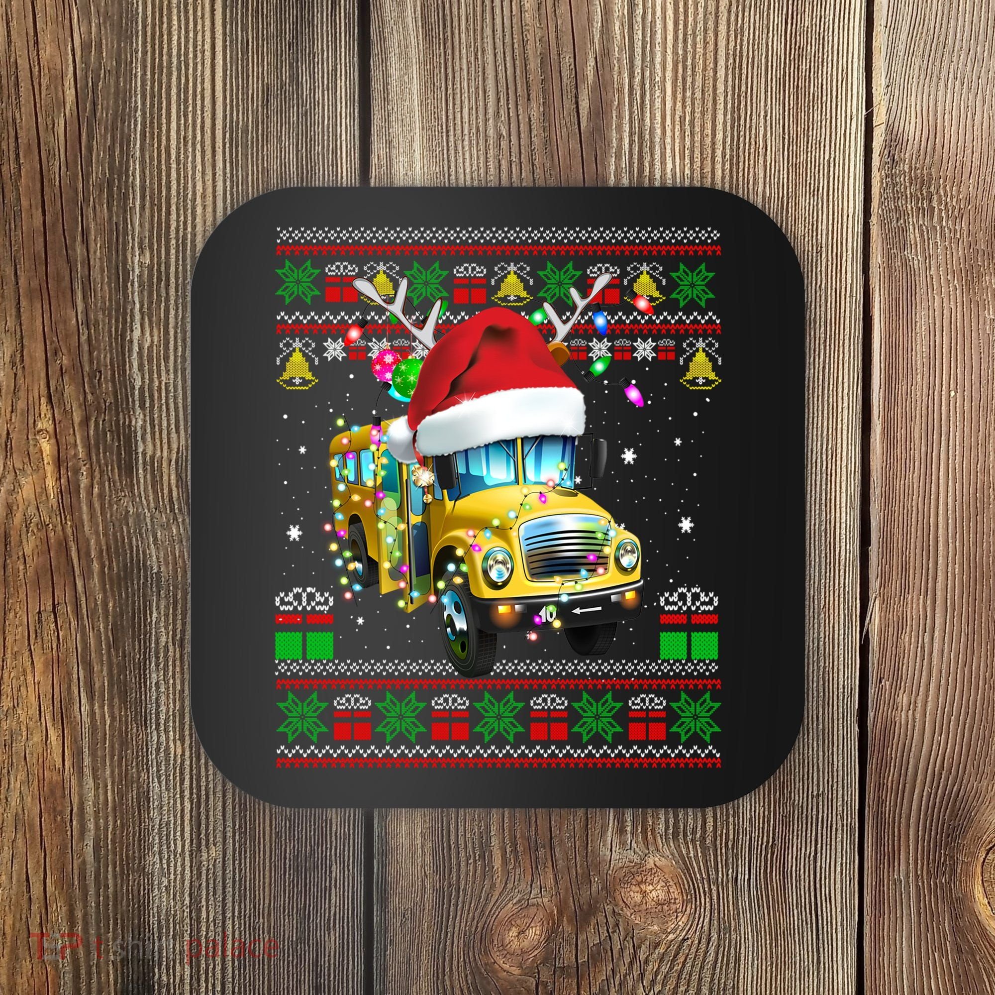 Ugly Christmas Sweater School Bus Driver Reindeer Santa Hat Coaster