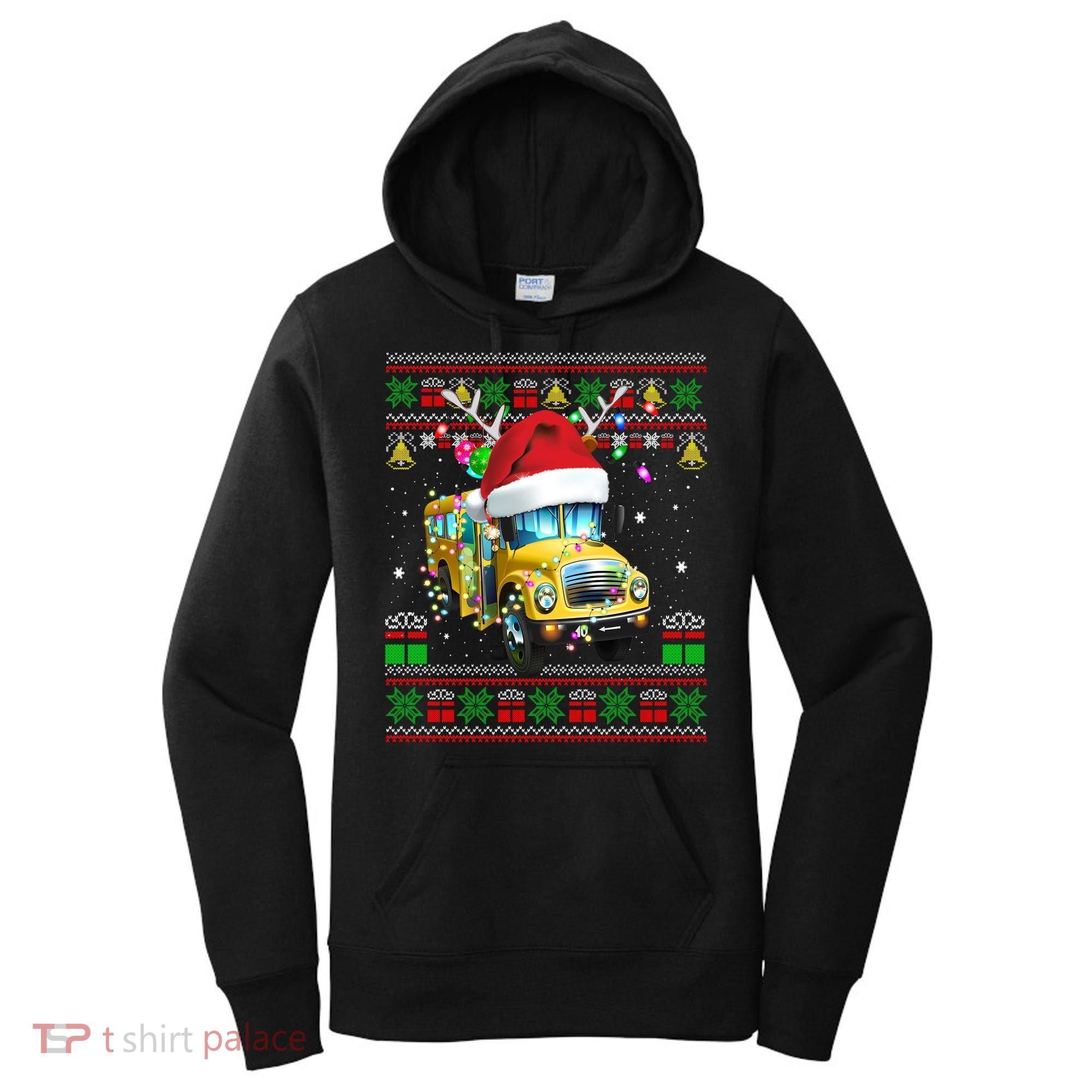 Ugly Christmas Sweater School Bus Driver Reindeer Santa Hat Women's Hoodie