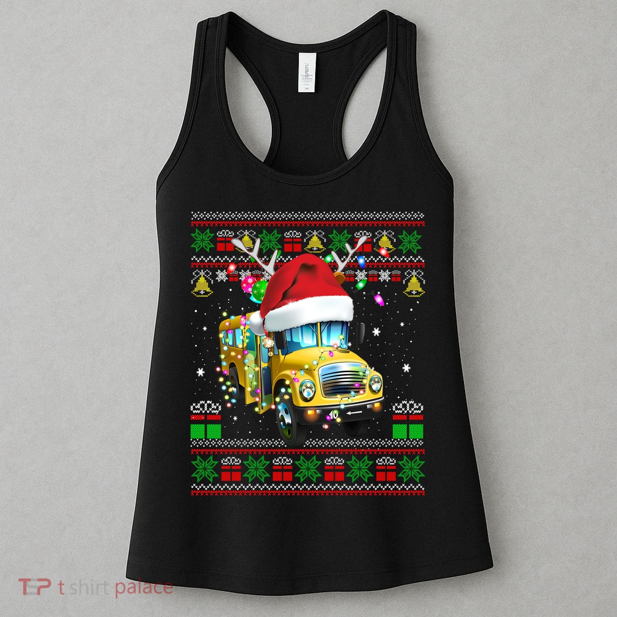 Ugly Christmas Sweater School Bus Driver Reindeer Santa Hat Women's Tank Top