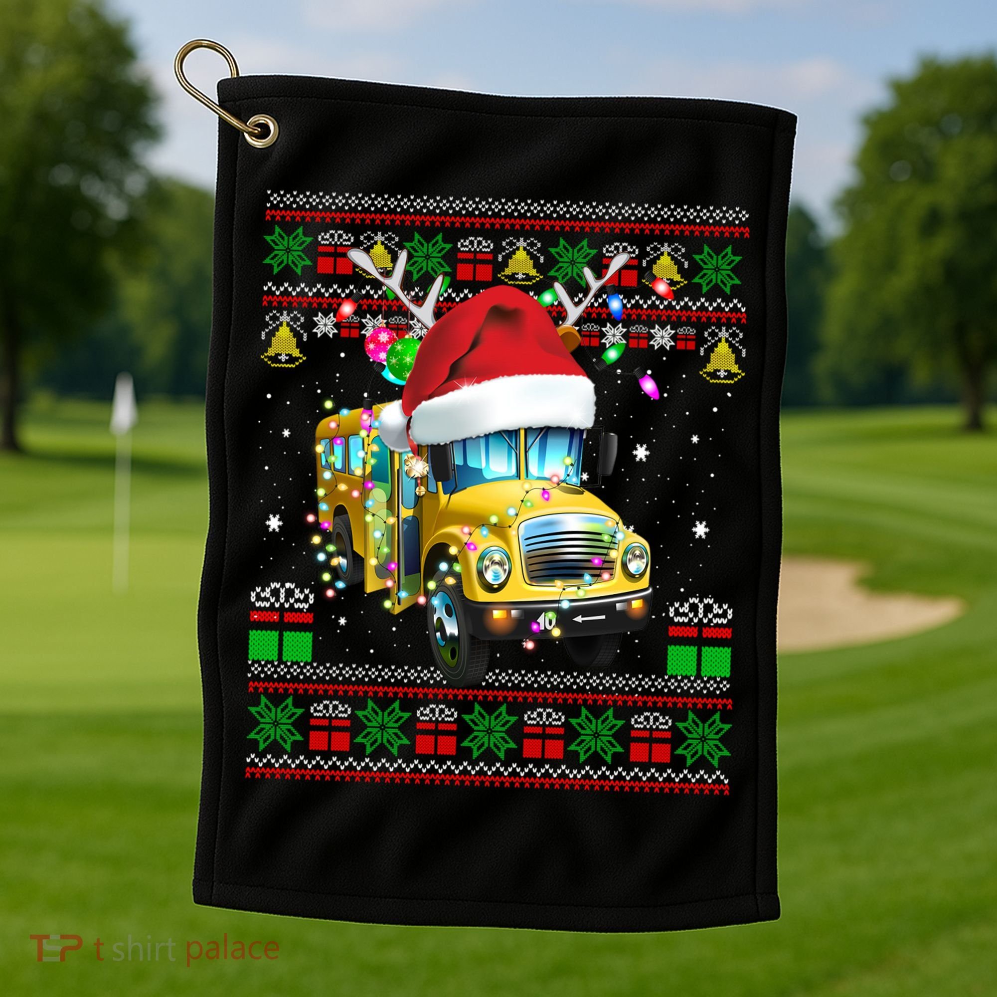 Ugly Christmas Sweater School Bus Driver Reindeer Santa Hat Golf Towel