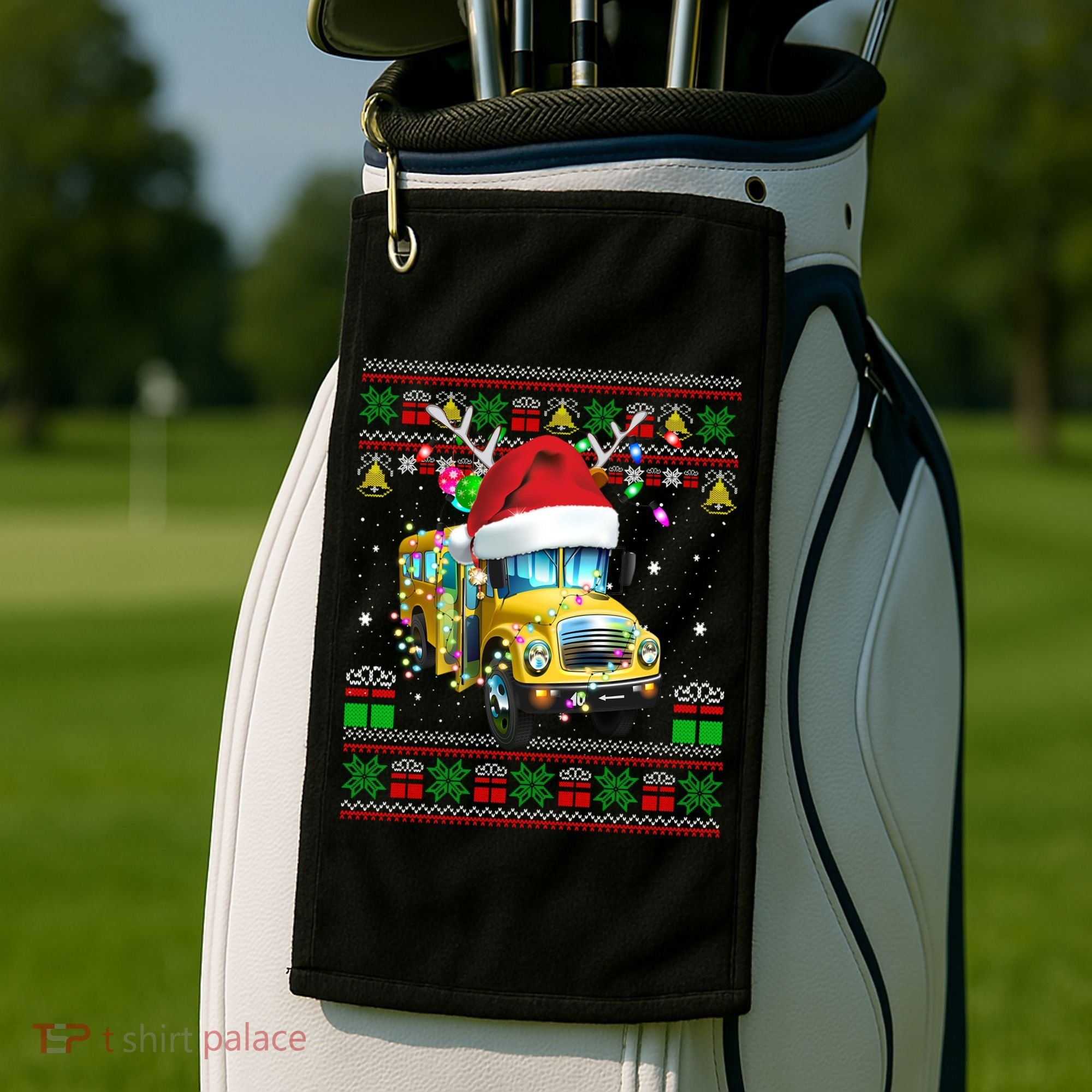 Ugly Christmas Sweater School Bus Driver Reindeer Santa Hat Golf Towel