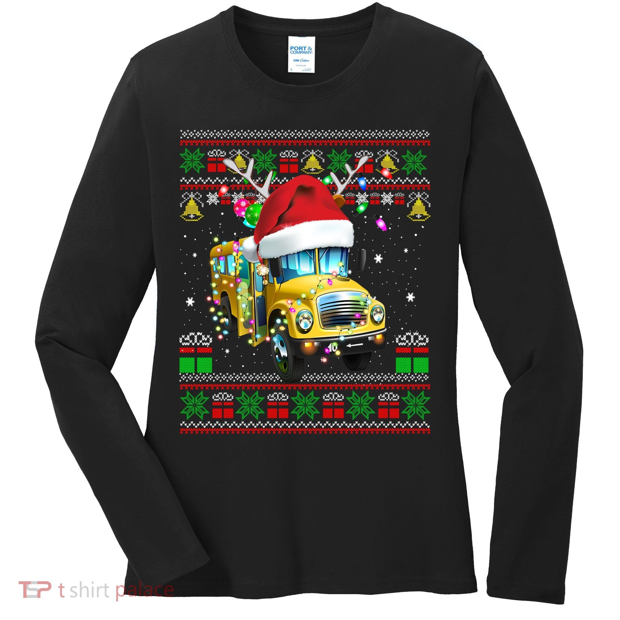 Ugly Christmas Sweater School Bus Driver Reindeer Santa Hat Women's Long Sleeve Shirt