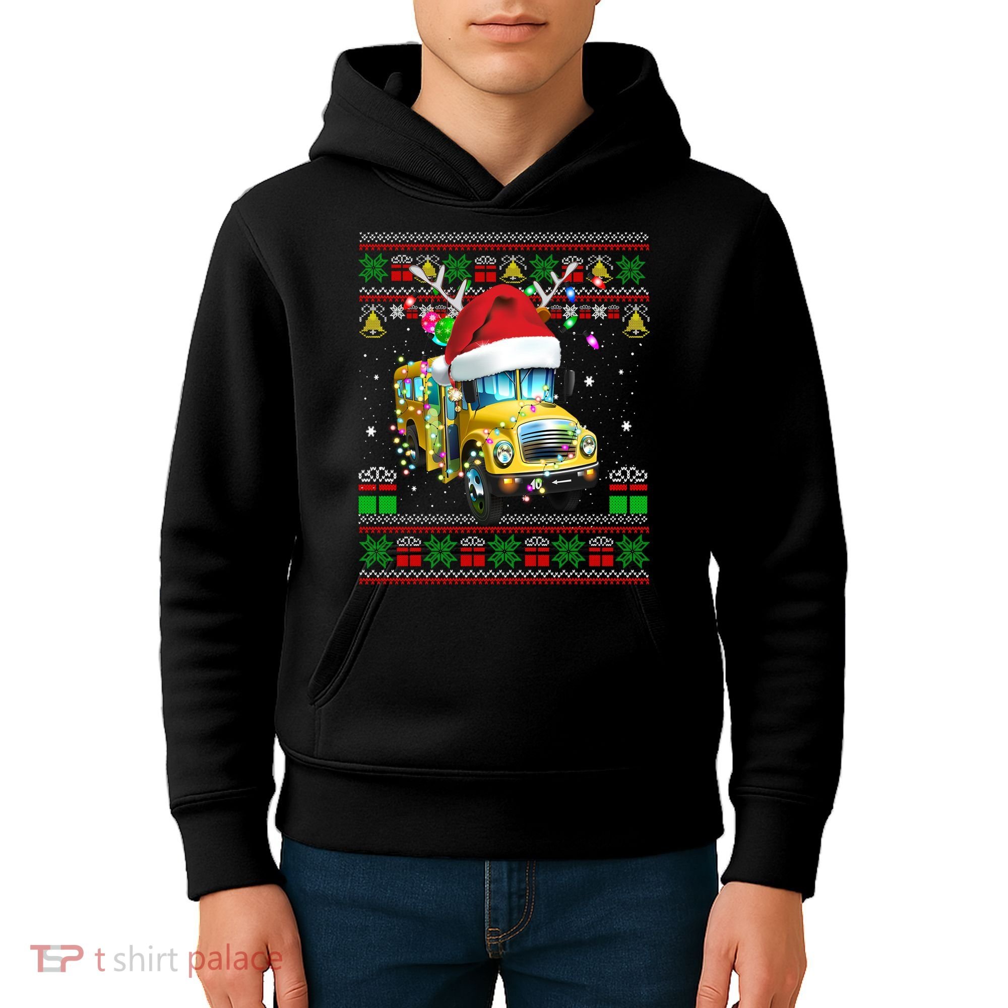 Ugly Christmas Sweater School Bus Driver Reindeer Santa Hat Kids Hoodie
