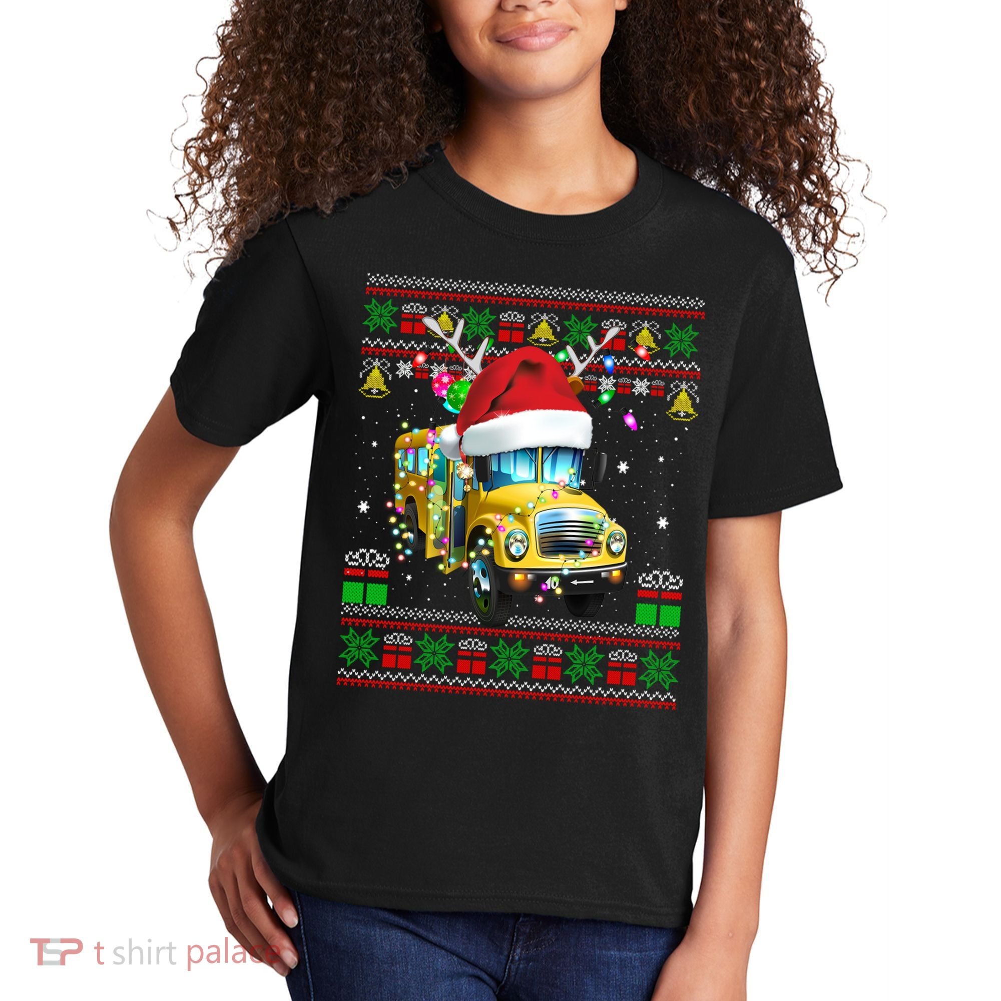 Ugly Christmas Sweater School Bus Driver Reindeer Santa Hat Kids T-Shirt
