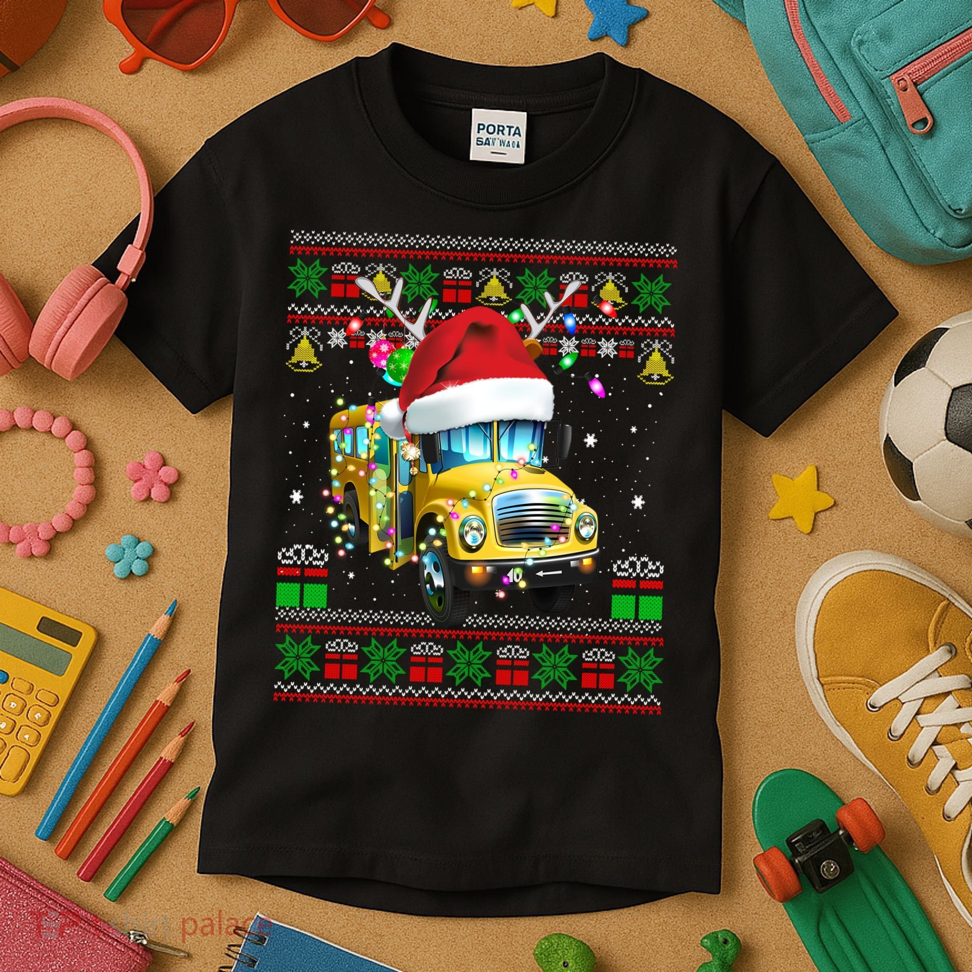 Ugly Christmas Sweater School Bus Driver Reindeer Santa Hat Kids T-Shirt