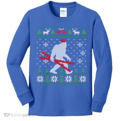 Ugly Christmas Sasquatch Ski Cool Gift Skiing Gift Cool Gift Kids Long Sleeve Shirt