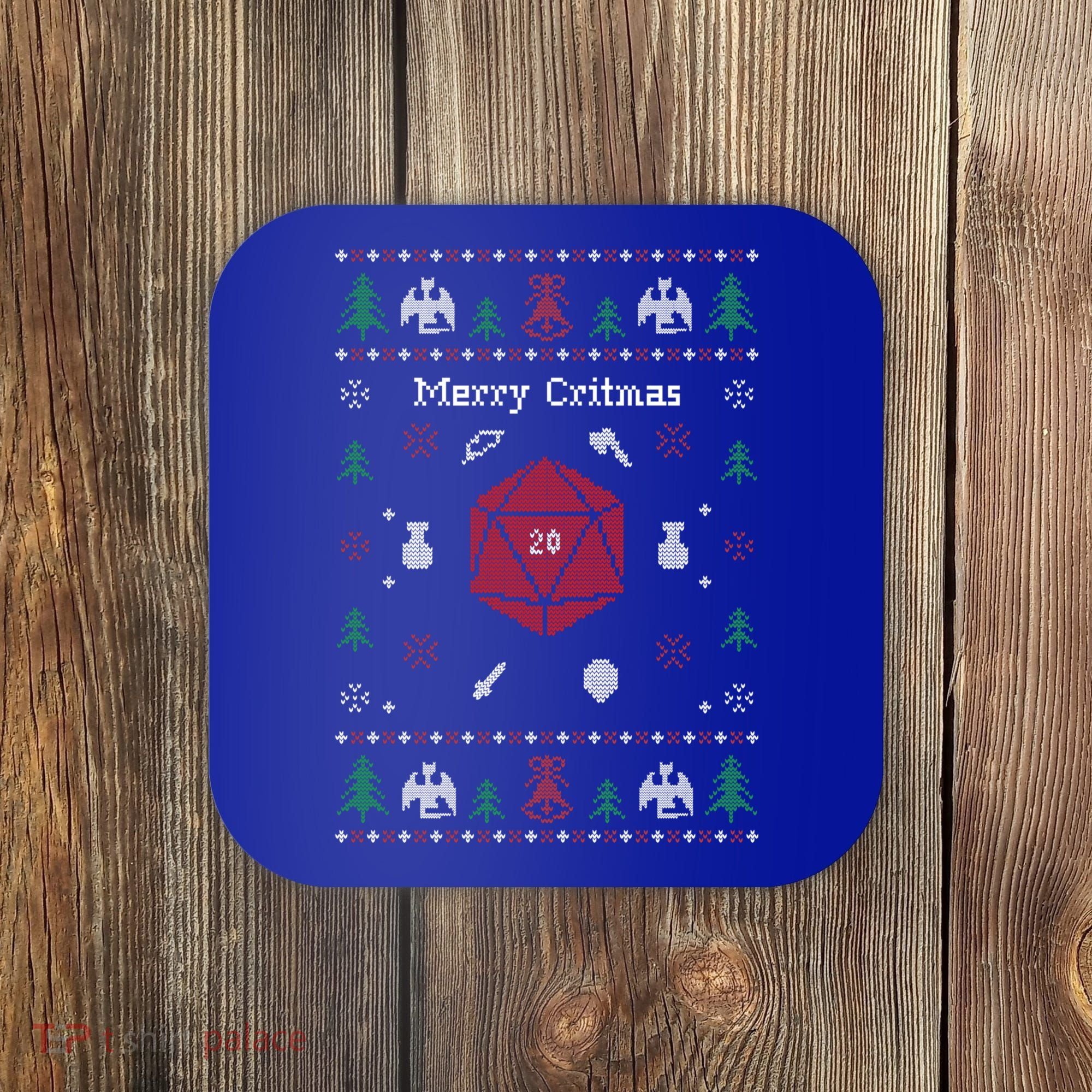 Ugly Christmas Sweater Merry Critmas Dungeons And Rpg Dragons Gift Coaster