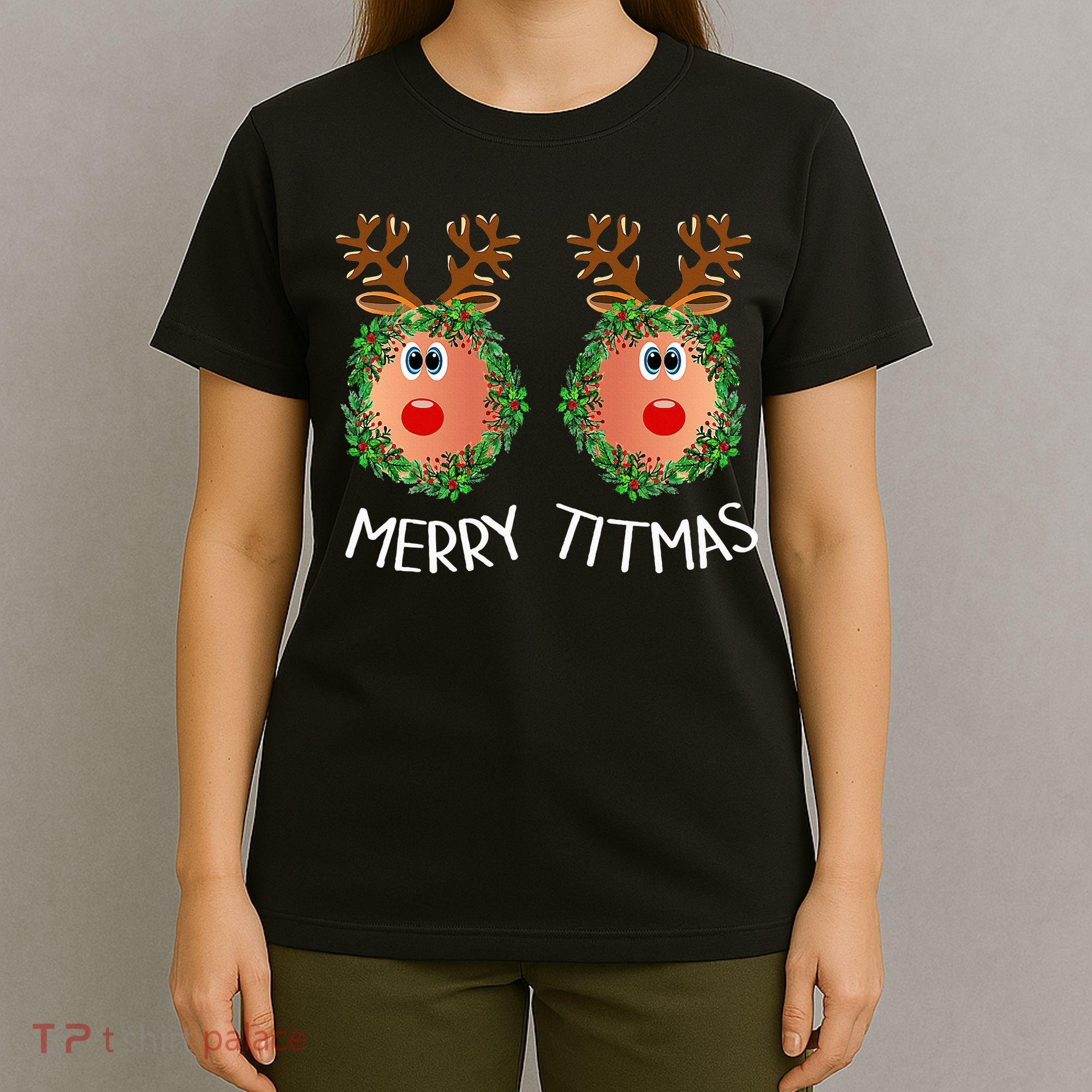 Ugly Christmas Sweater Merry Titmas Reindeer Boobs Naughty T-Shirt