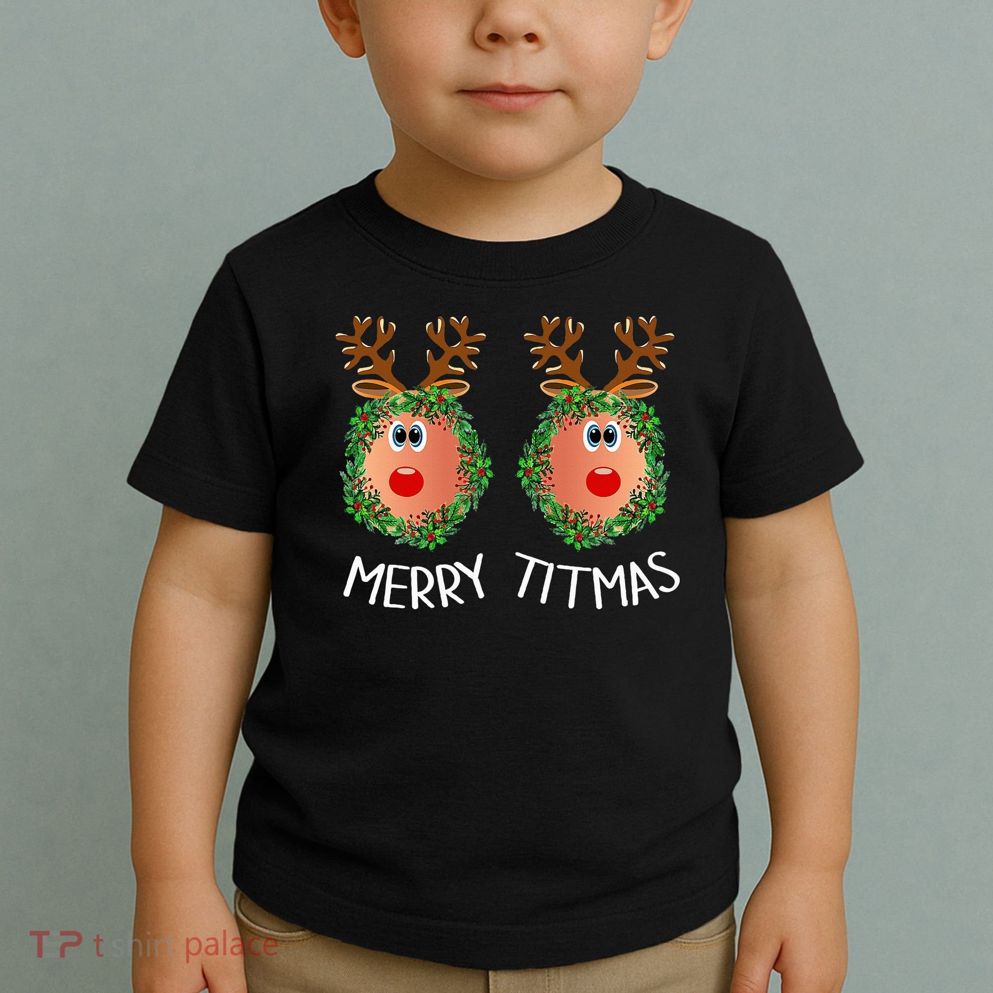 Ugly Christmas Sweater Merry Titmas Reindeer Boobs Naughty Toddler T-Shirt