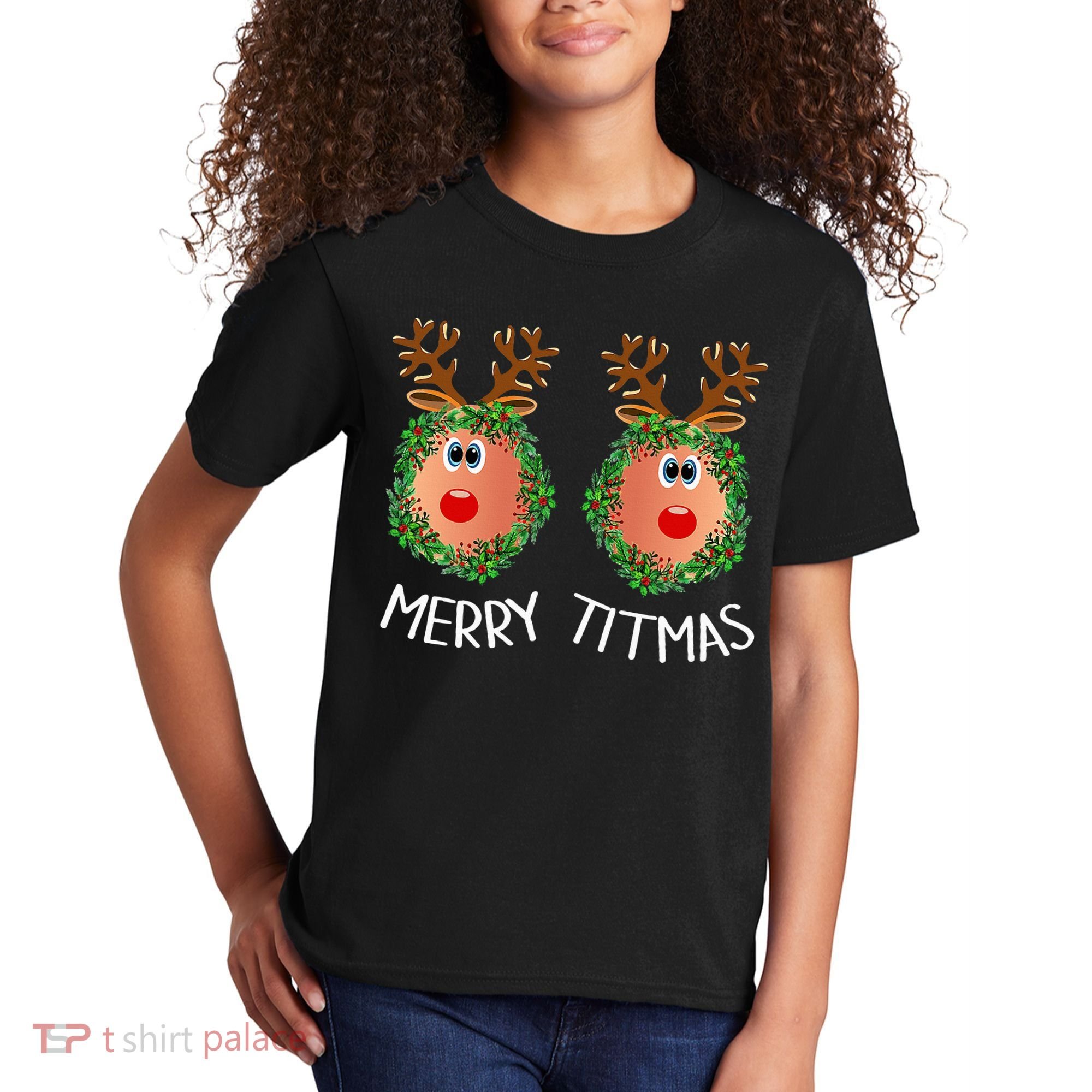 Ugly Christmas Sweater Merry Titmas Reindeer Boobs Naughty Kids T-Shirt