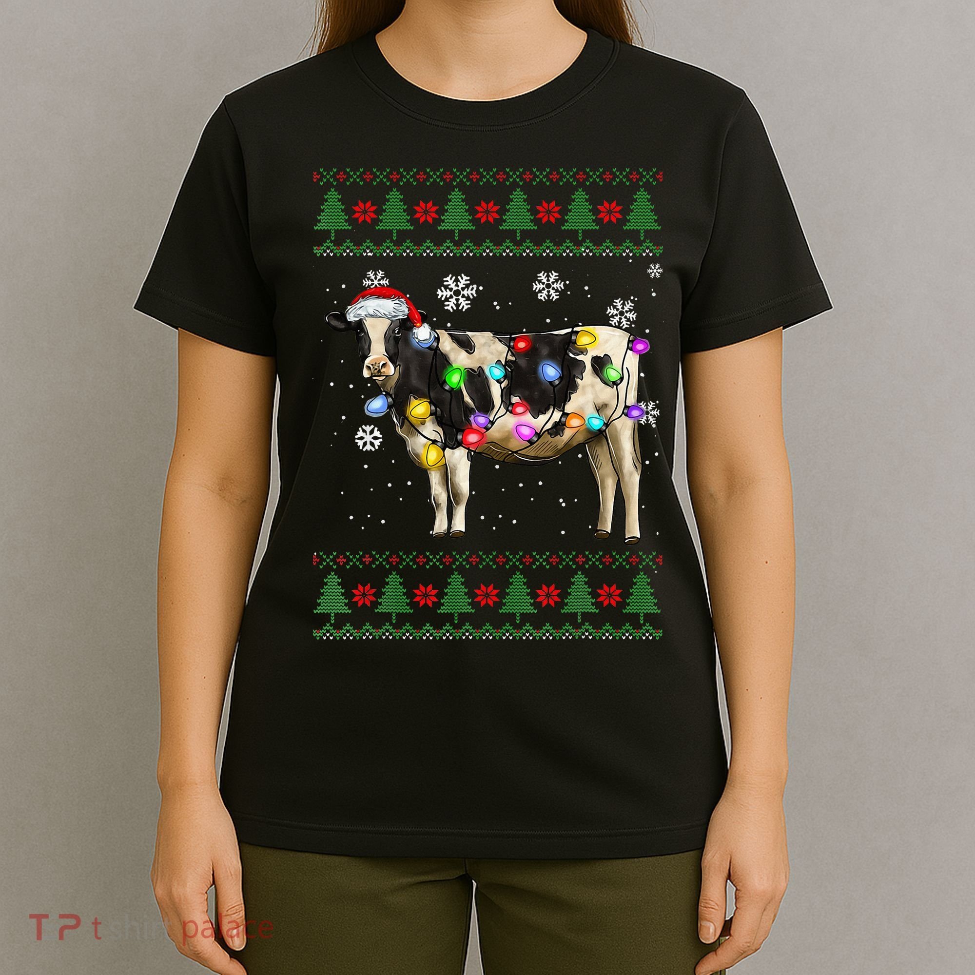 Ugly Christmas Sweater Cow Christmas Lights Sweater Light Up T-Shirt