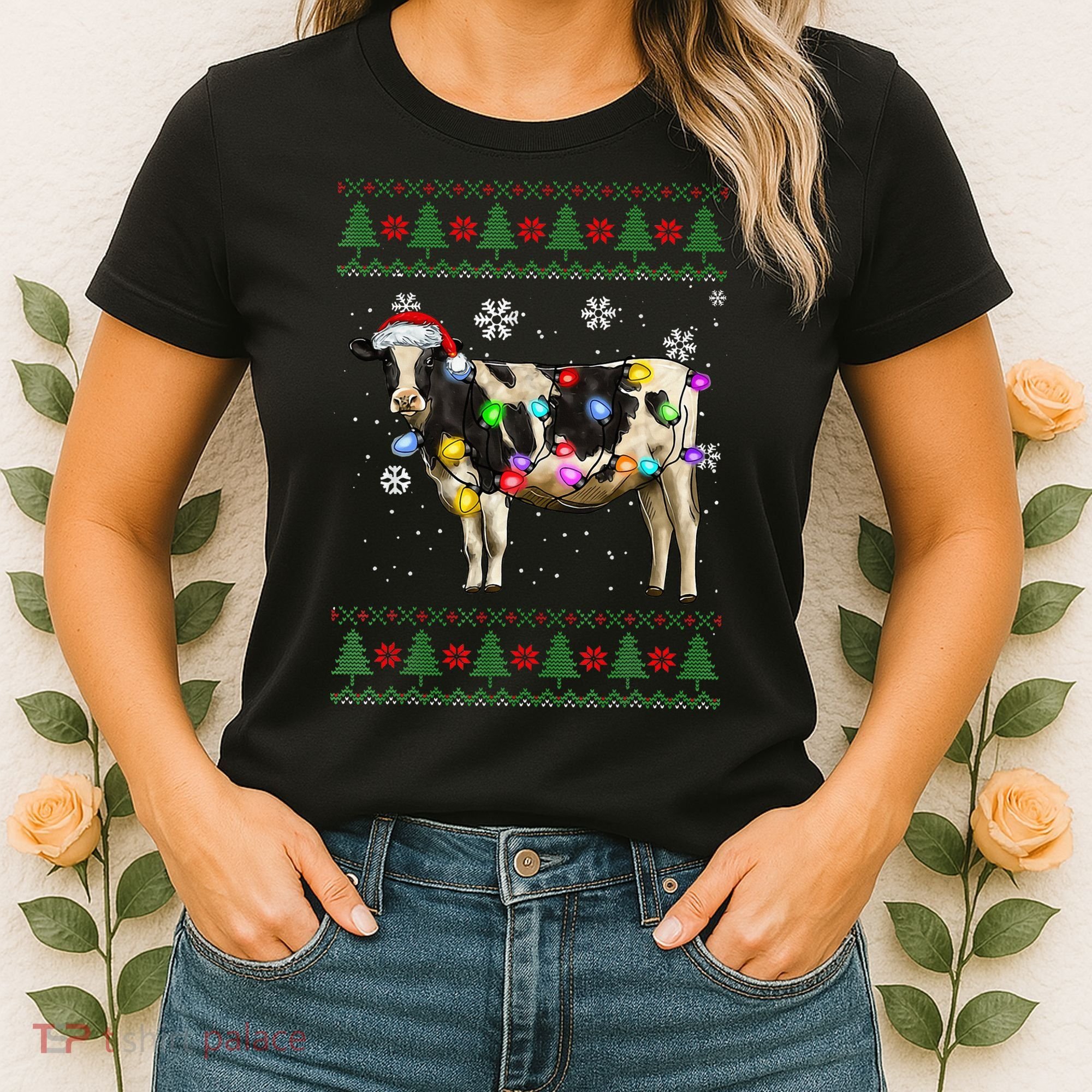 Ugly Christmas Sweater Cow Christmas Lights Sweater Light Up Women's T-Shirt