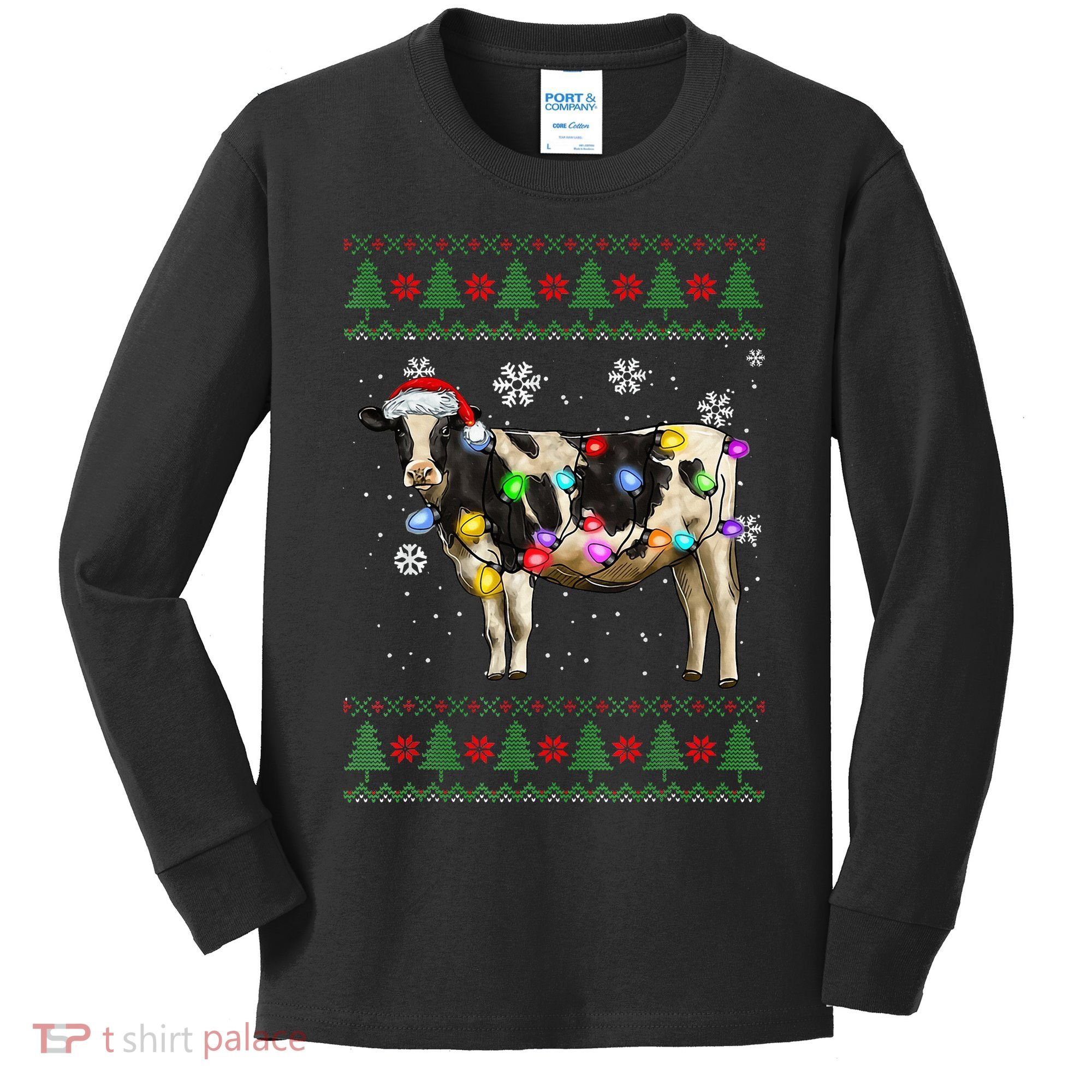 Ugly Christmas Sweater Cow Christmas Lights Sweater Light Up Kids Long Sleeve Shirt