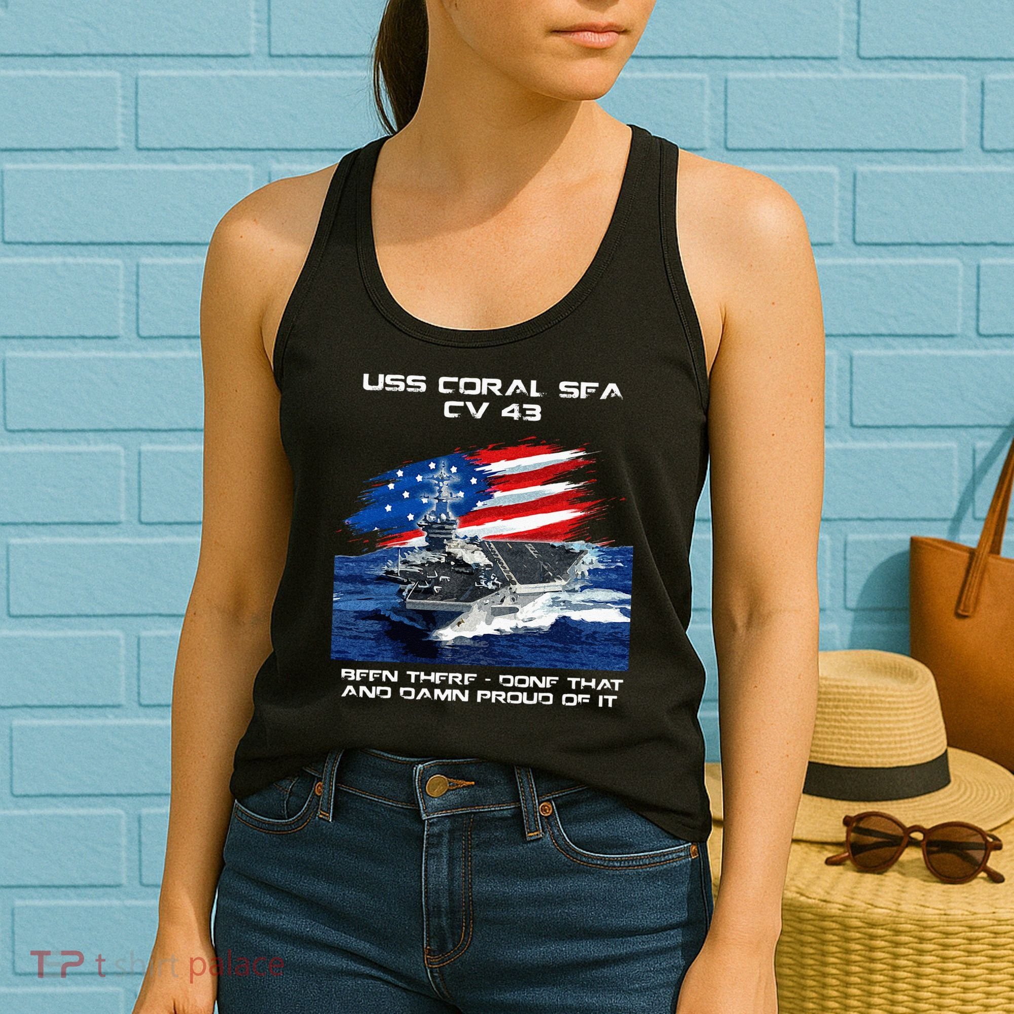 USS Coral Sea CV 43 Aircraft Carrier Veteran USA Flag Xmas Women's Tank Top