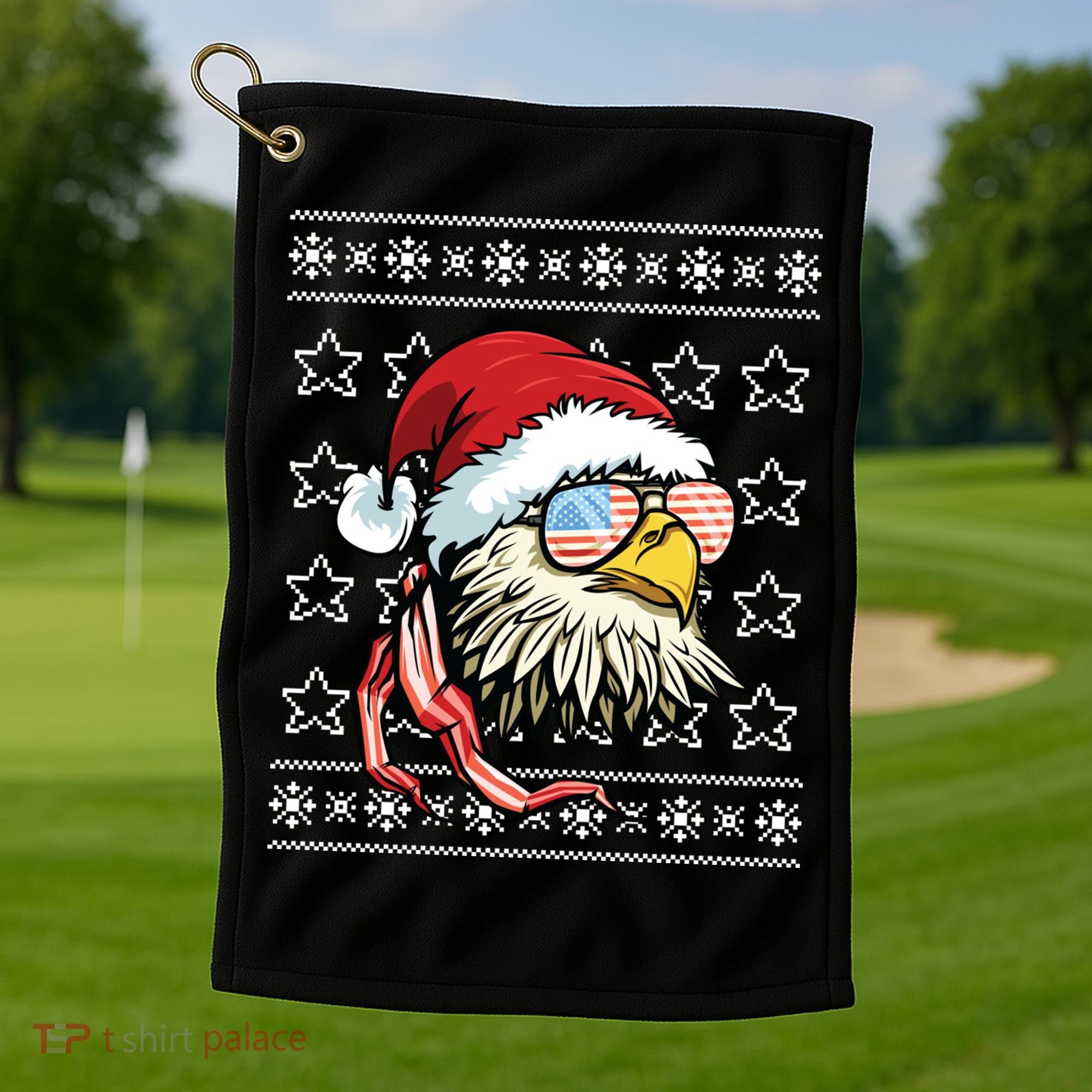 Ugly Christmas Sweater Usa Flag Bald Eagle Christmas Gift Golf Towel