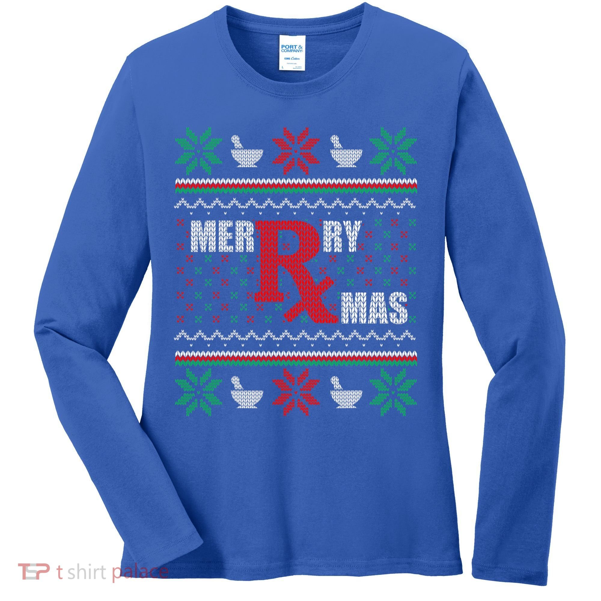 Ugly Christmas Sweater Pharmacy Tech Merry Xmas Pharmacist Gift Women's Long Sleeve Shirt