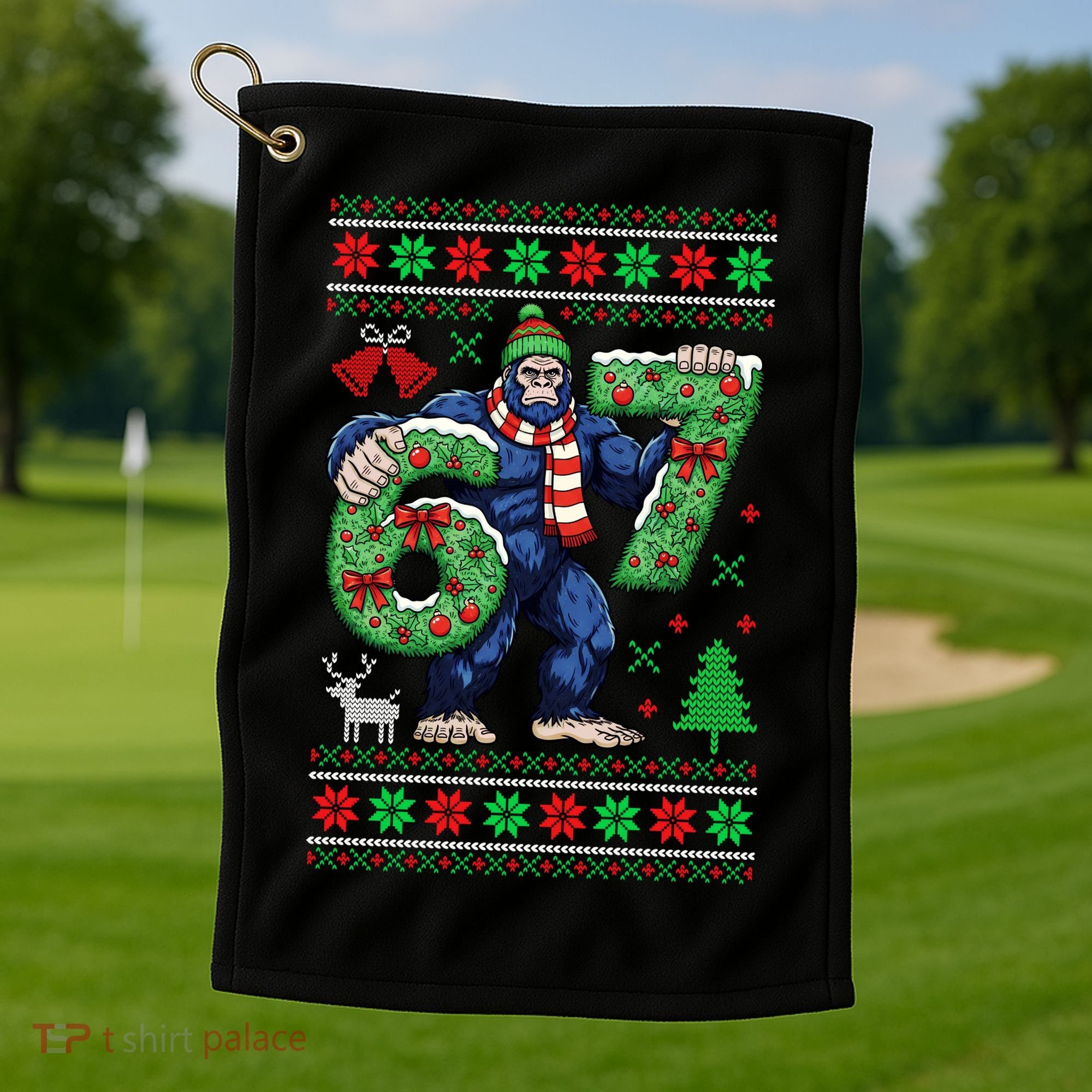 Ugly Christmas Sweater 6-7 Meme Bigfoot Santa 67 Golf Towel