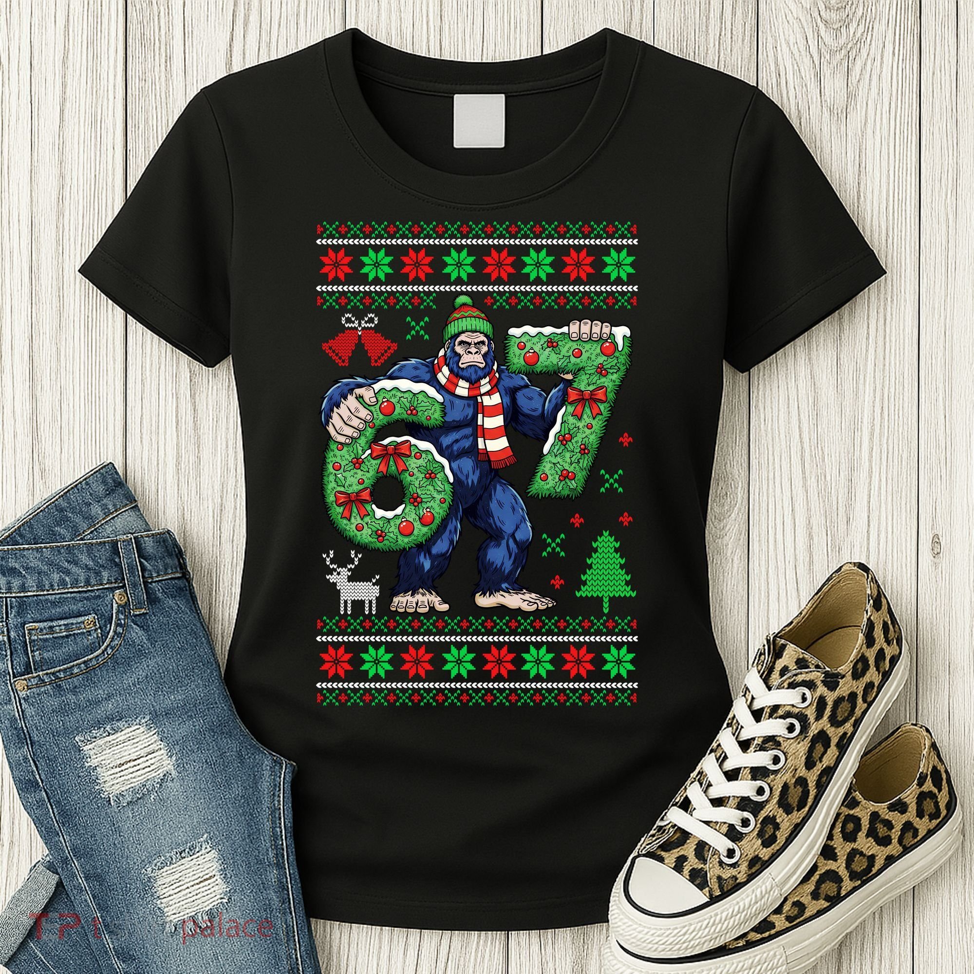 Ugly Christmas Sweater 6-7 Meme Bigfoot Santa 67 Women's T-Shirt