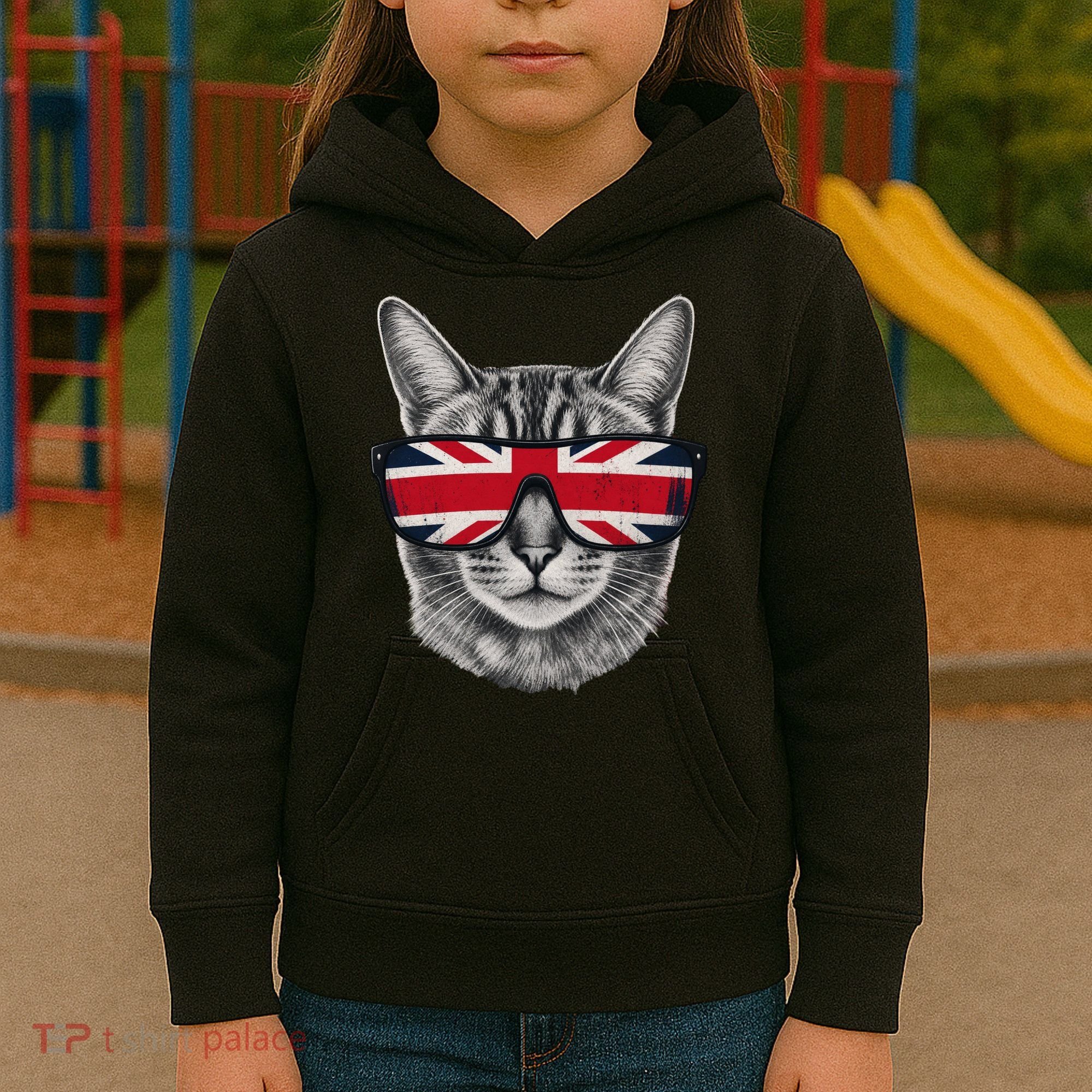 UK Cat Union Jack Flag United Kingdom Kitten England Kids Hoodie