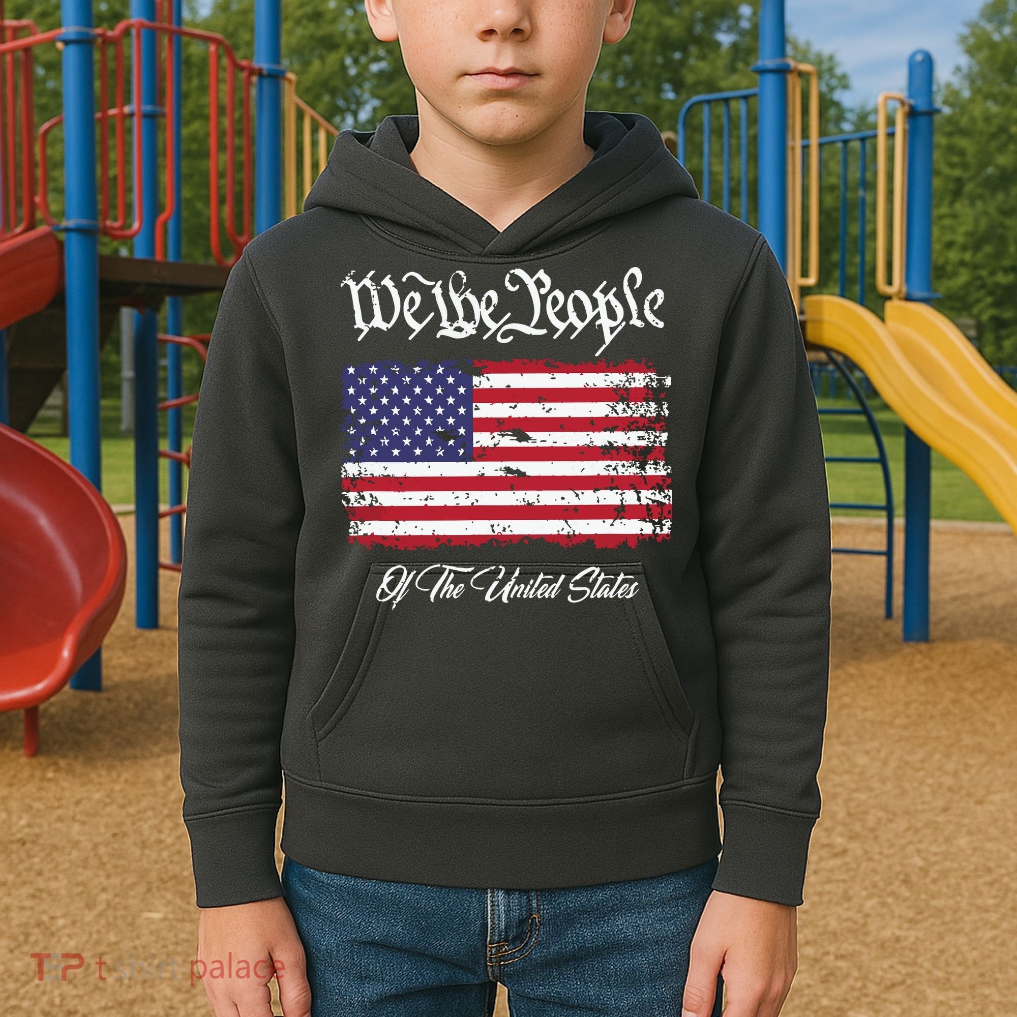 US Constitution We The People With Distressed Flag Kids Hoodie