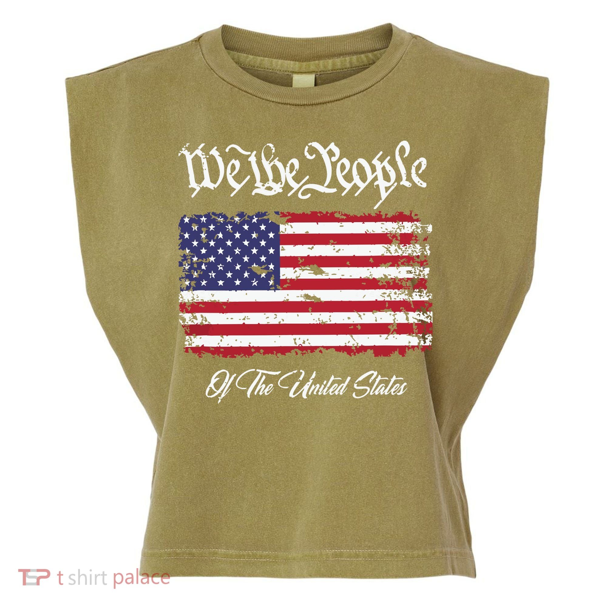 US Constitution We The People With Distressed Flag Garment-Dyed Women's Muscle Tee
