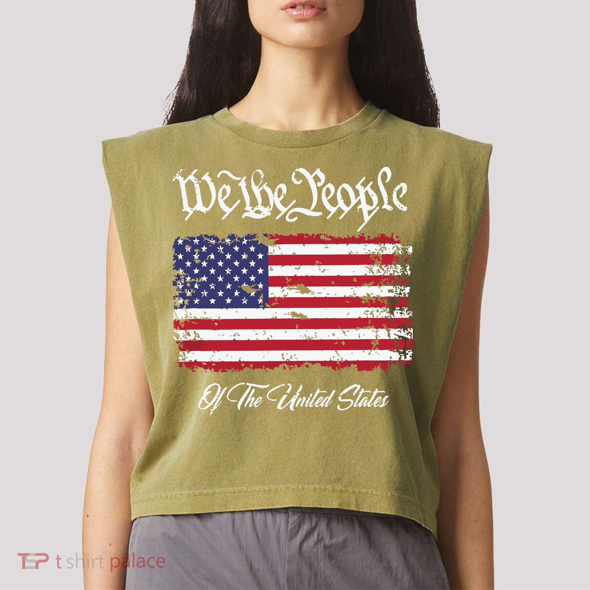 US Constitution We The People With Distressed Flag Garment-Dyed Women's Muscle Tee