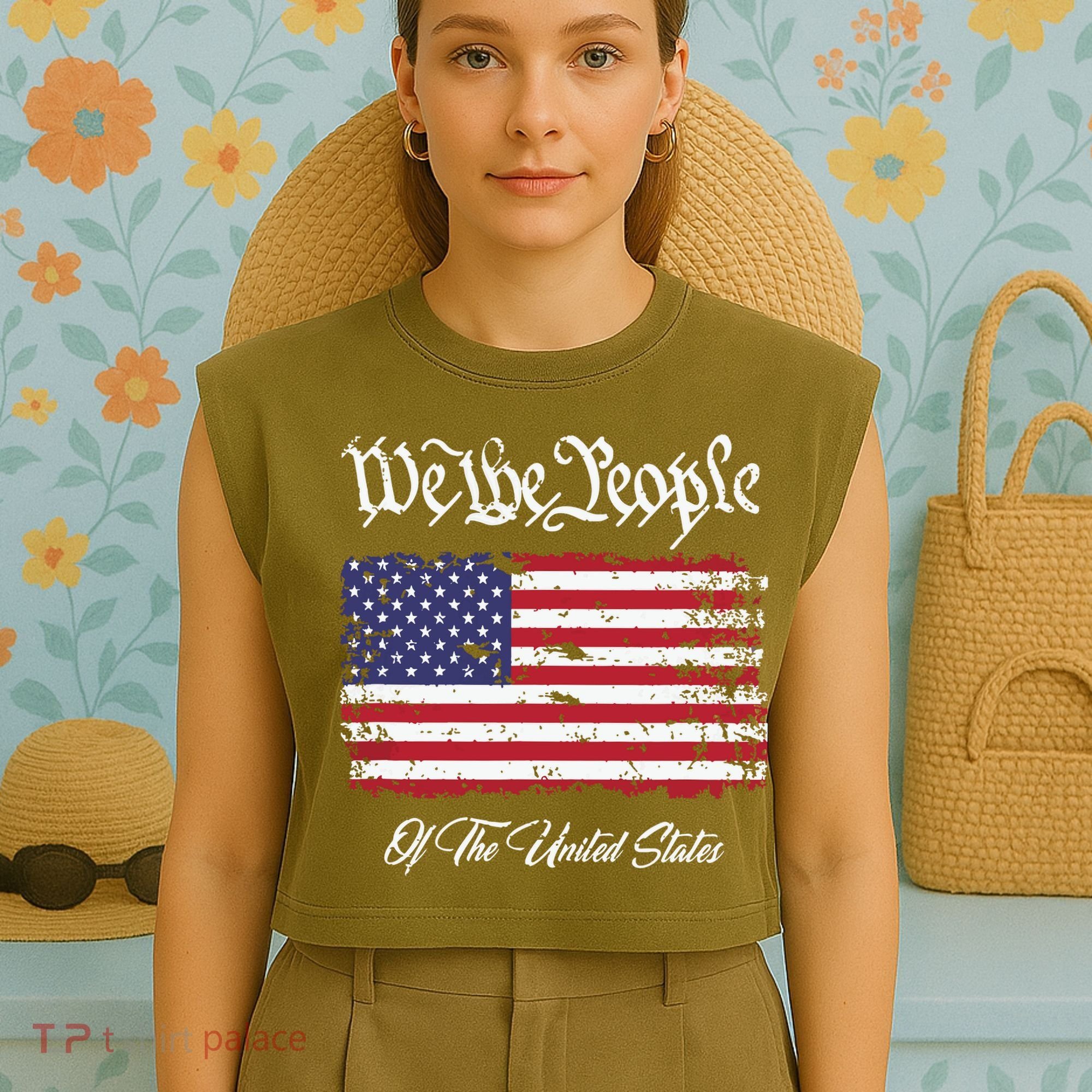 US Constitution We The People With Distressed Flag Garment-Dyed Women's Muscle Tee