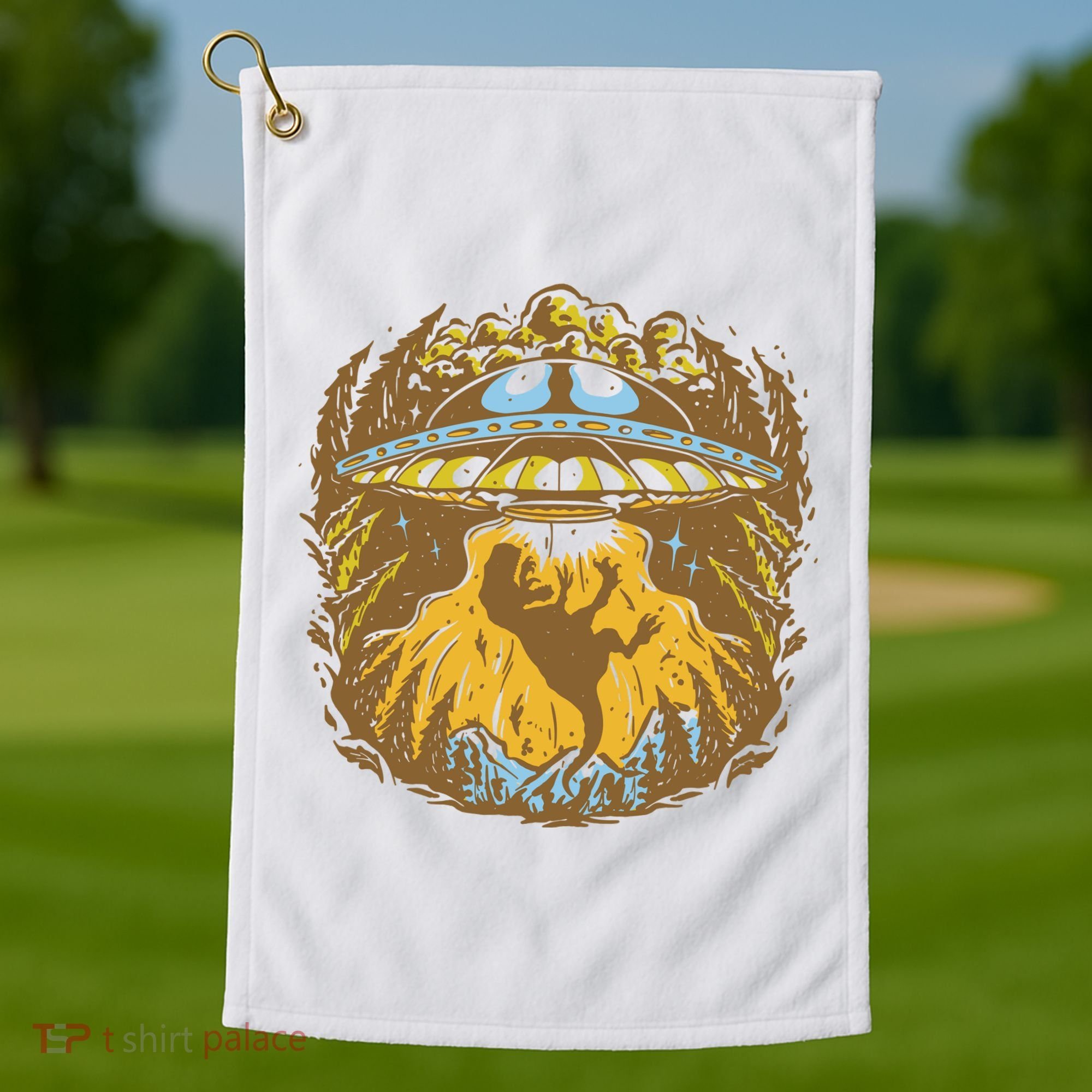 UFO Dinosaur Abduction Golf Towel