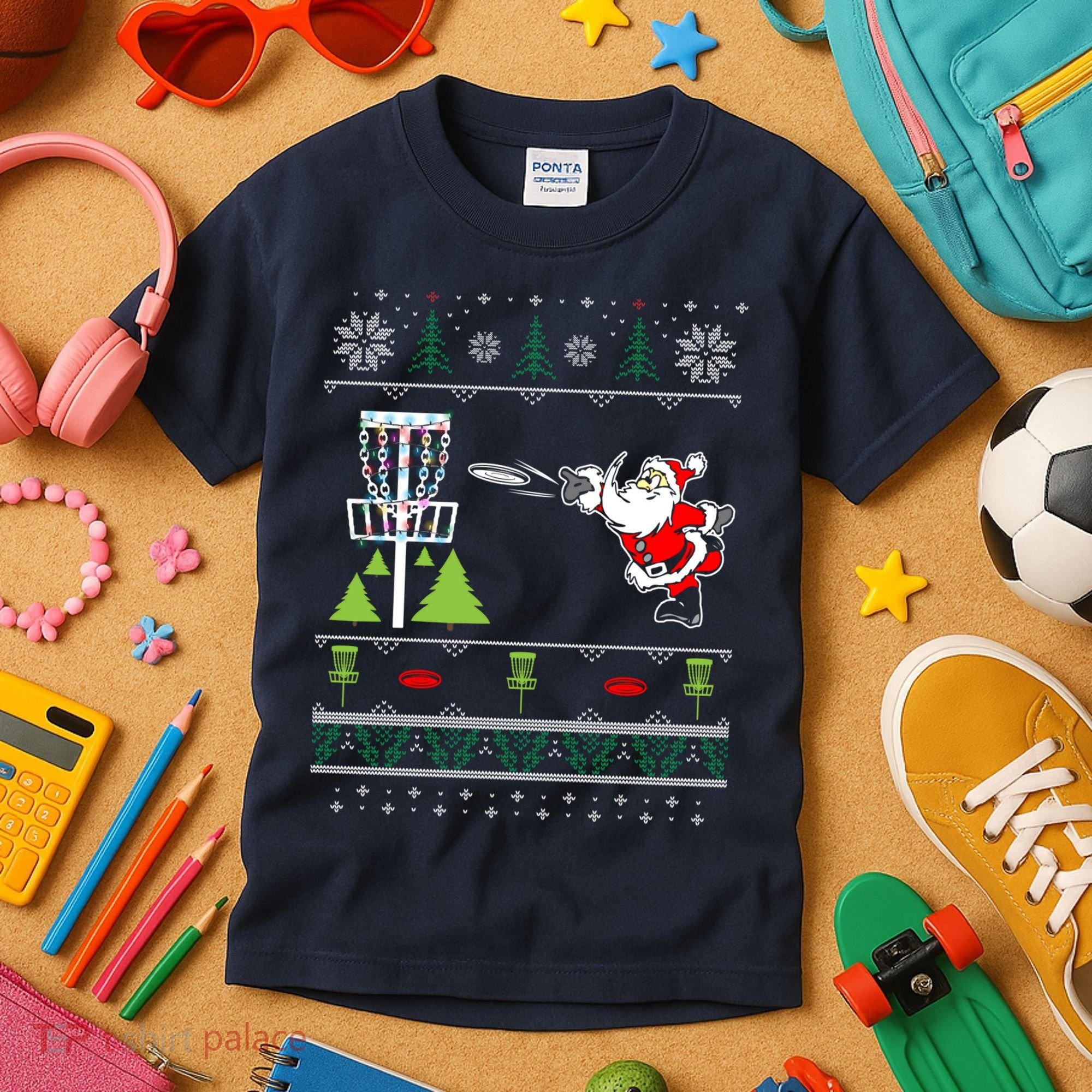 Ugly Disc Golf Santa Christmas Sweater Funny Xmas Frolf Kids T-Shirt