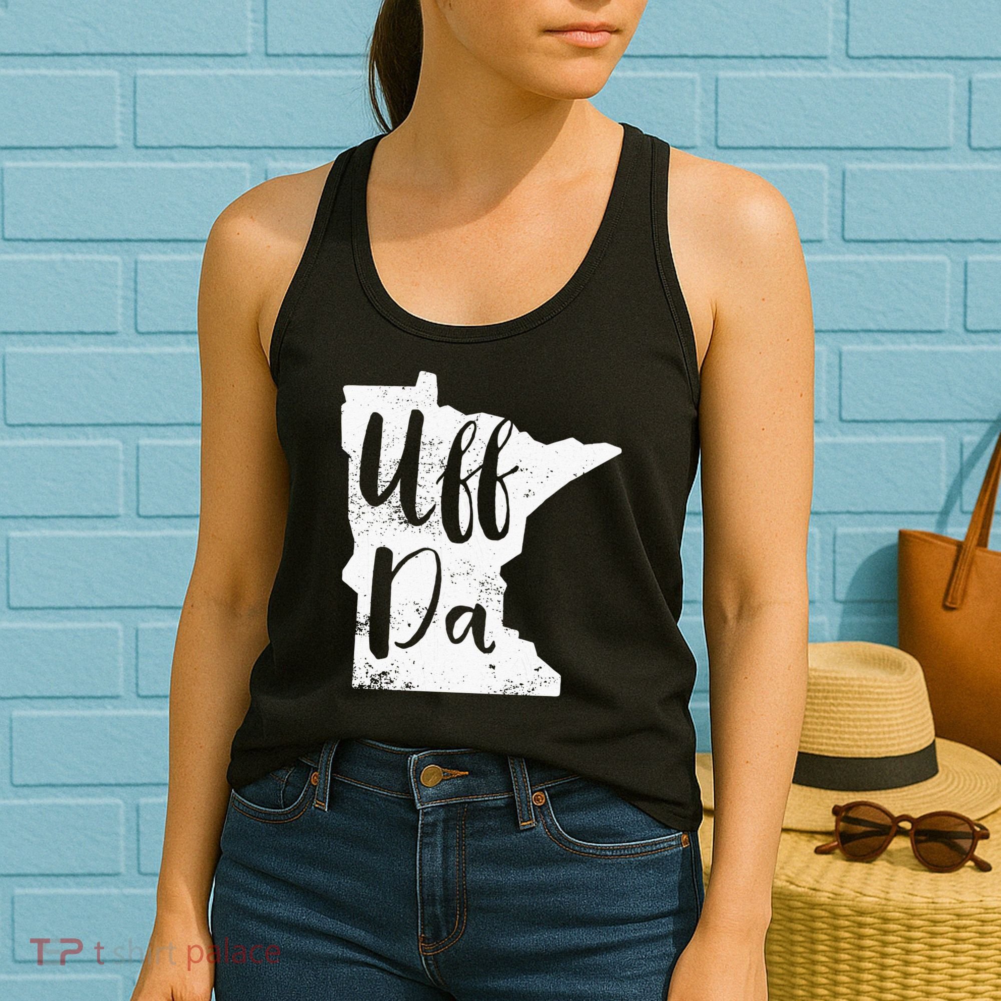 Uff Da Minnesota Map Funny Distressed Women's Tank Top