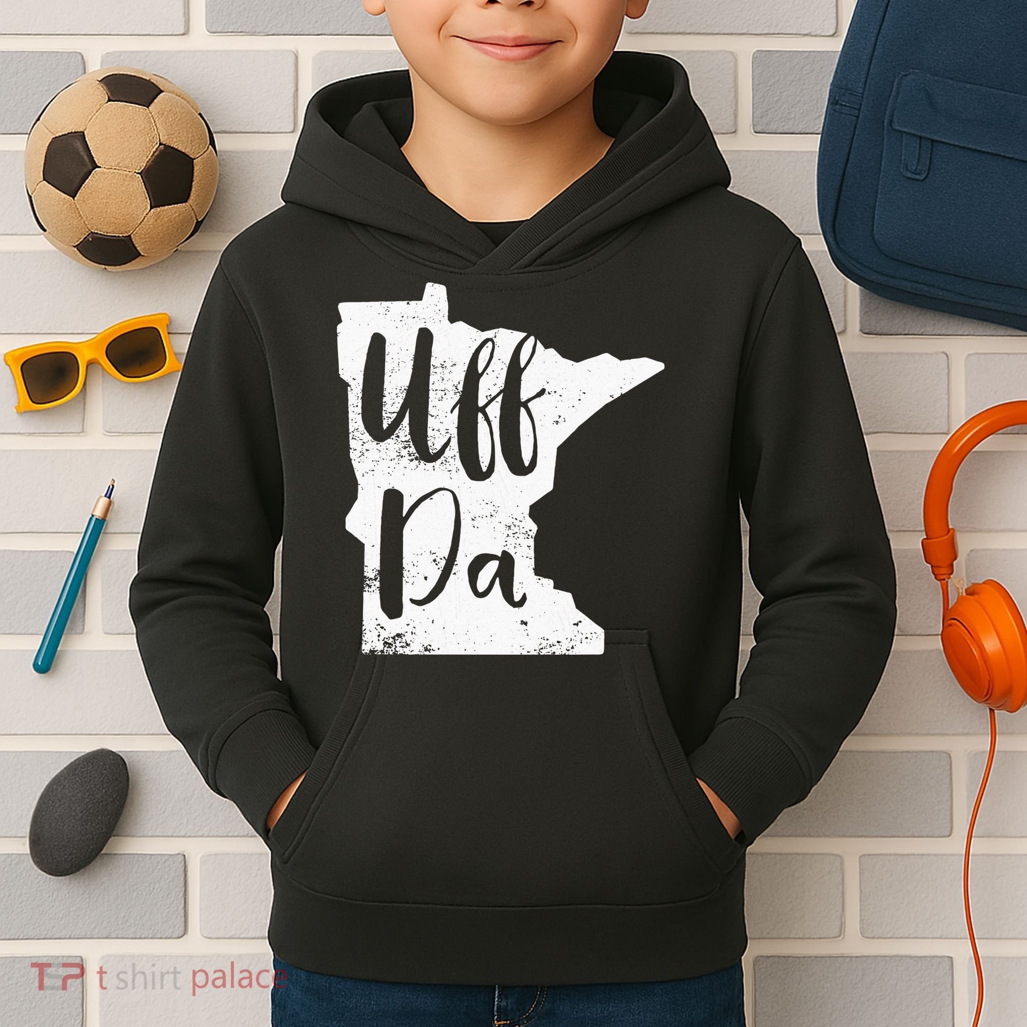 Uff Da Minnesota Map Funny Distressed Kids Hoodie